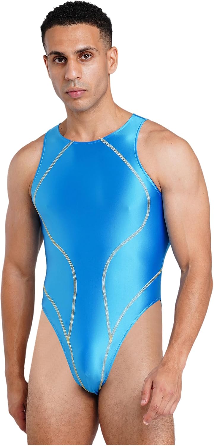 FEESHOW Men Modest Swimwear Elastic Tight Gymnastic Leotards | One Piece Swimwear,Sleeveless,Oil Glossy,Monokini Swimming Suit,High Cut Leg Bodysuit,Stage Performance Dance Wear,Nightwear