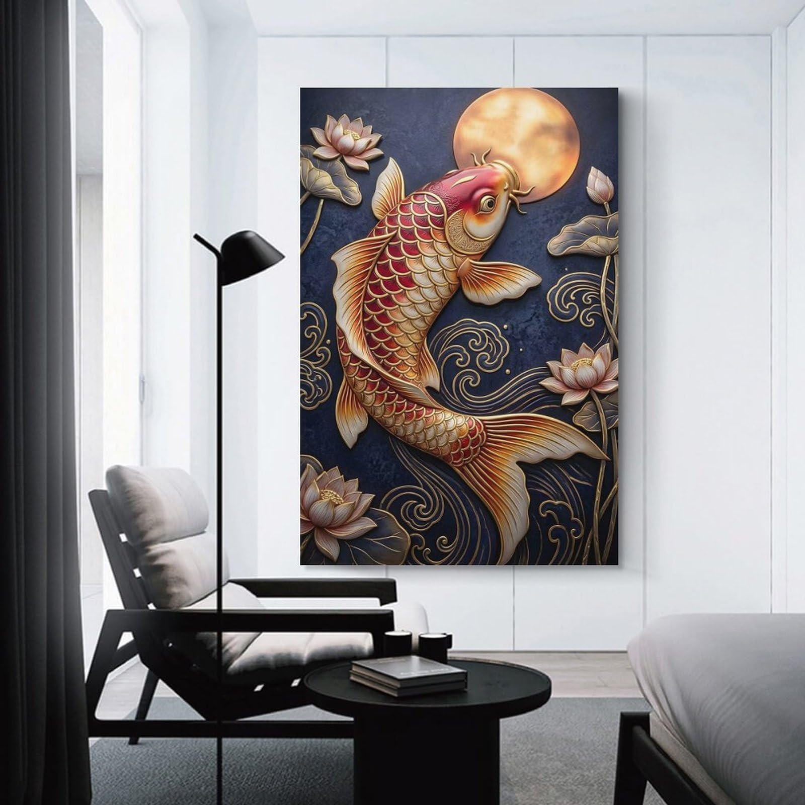 Junmoney Unframe-Style-5 Koi Fish And Lotus Flowers Decorative Canvas Print, 20X30inch(50X75cm), For Hallway, Bedroom Or Modern Interiors, Gift Idea For Housewarming And Birthdays
