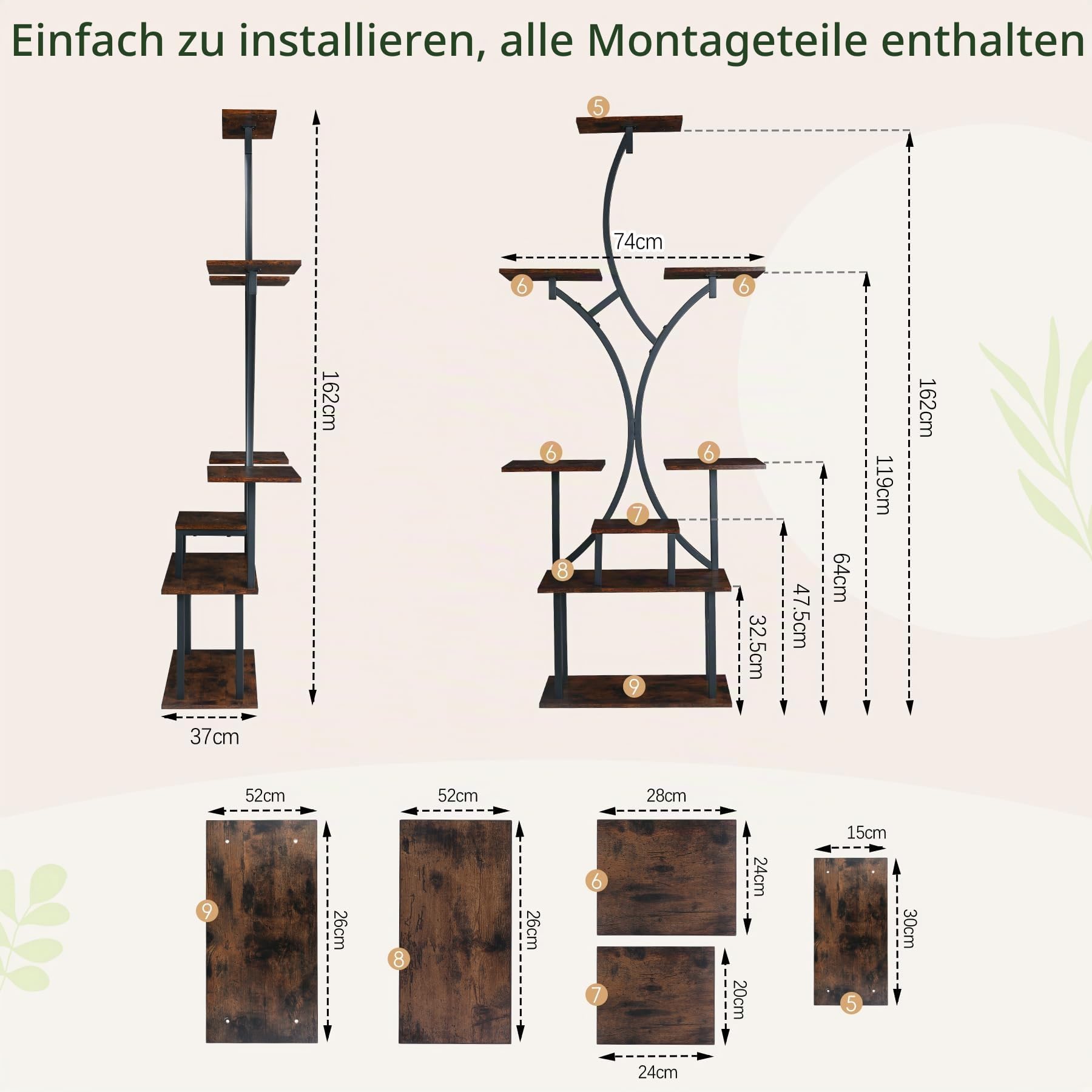 VAYALT Pflanzenständer, 162cm Hoch mit 8 Ebenen Blumenregal aus Holz & Metall, Pflanzenständer Mehrere, Indoor & Outdoor Pflanzenregal, Dekoratives Pflanzenregal für Balkon, Garten und Wohnzimmer