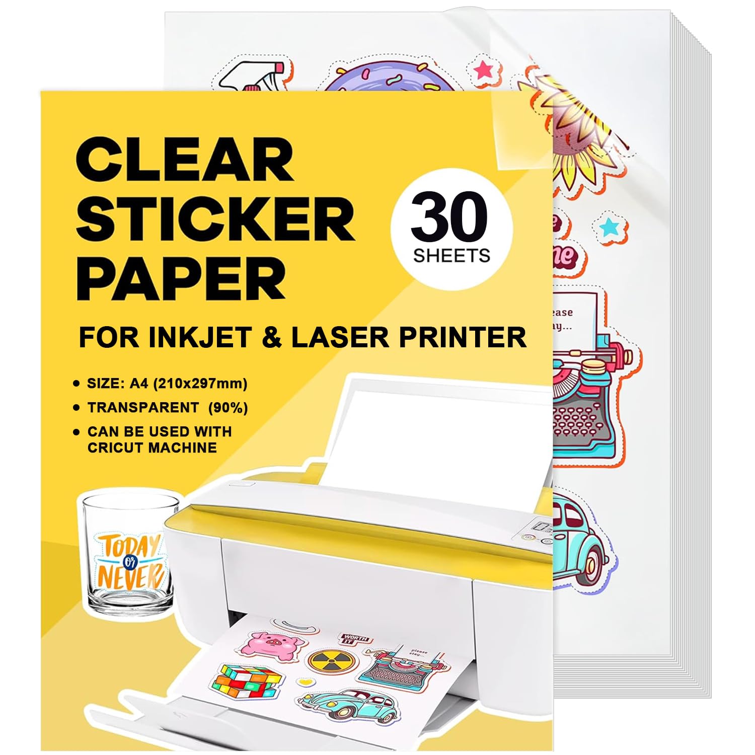 Papier Autocollant Transparent A4 30 Feuilles - Vinyle Imprimable Jet D'Encre Pour Stickers