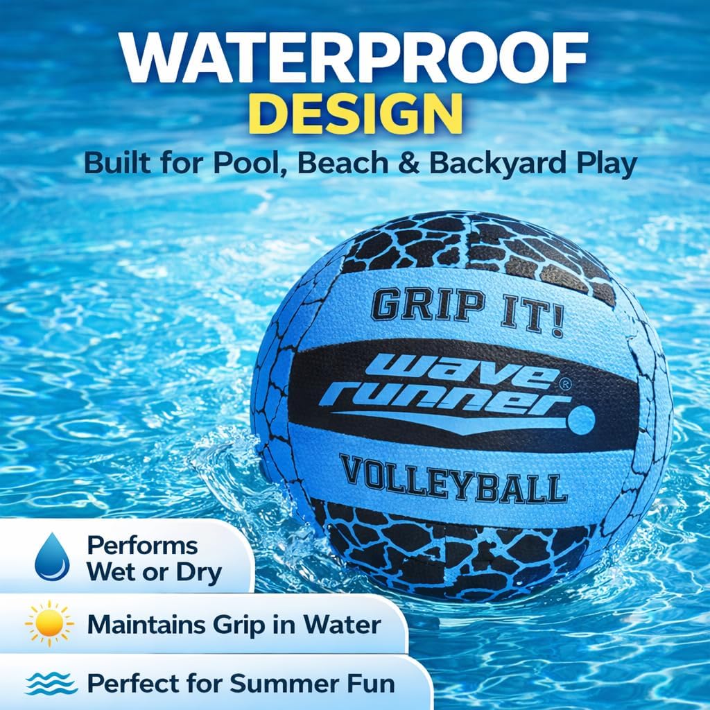 Wave Runner Waterproof Volleyball with Sure-Grip Technology - Beach & Pool Volley Ball for Kids, Teens, Adults | Outdoor Sports Gear for Day & Night Play