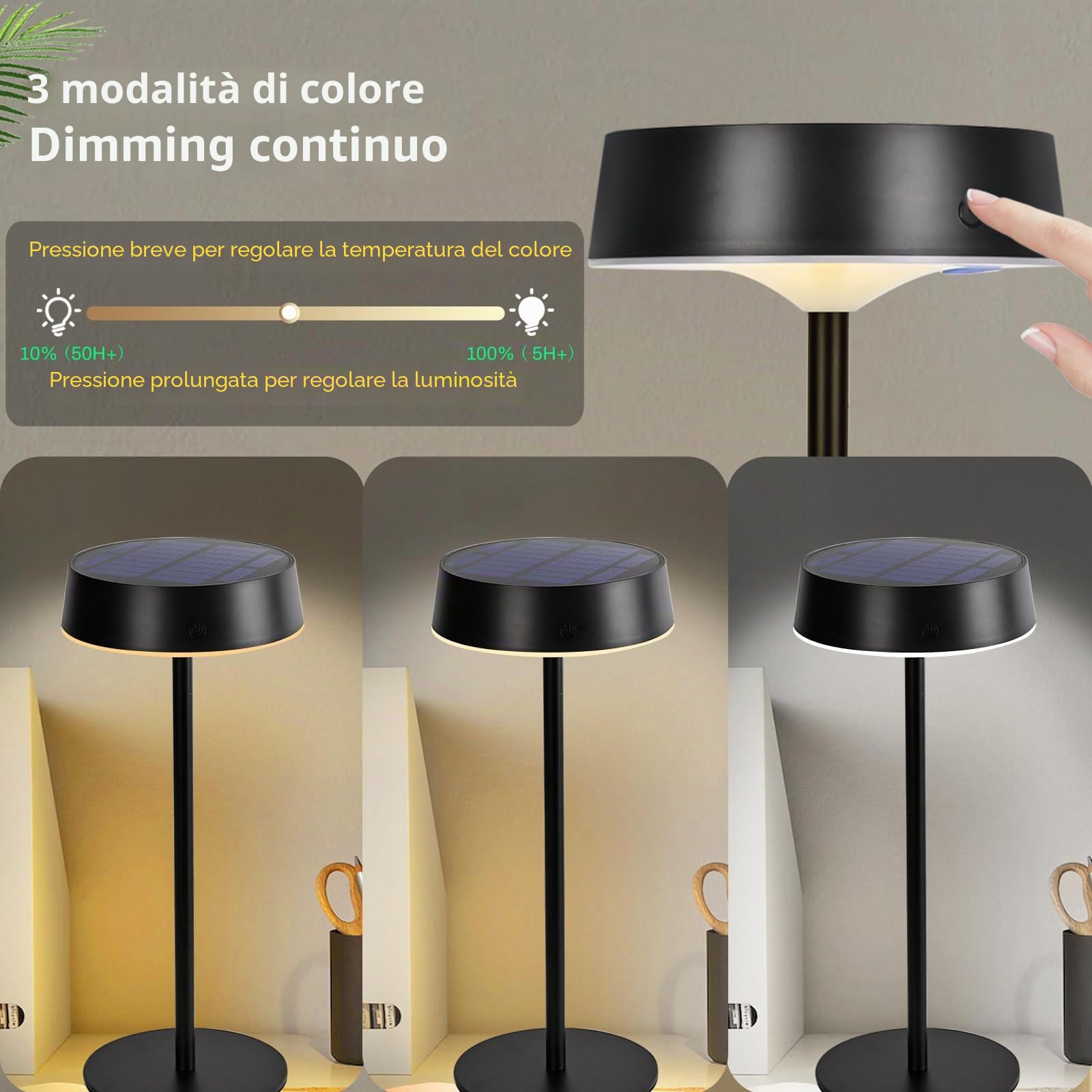 2 Pezzi Lampada da Tavolo Solare Senza Fili, 3CCT Lampade da Tavolo Esterno | Alinana IP67 Dimmerabili Lampade da Tavolo Può Essere Ricaricata Tramite Type-C e Energia Solare per Interno ed Esterno