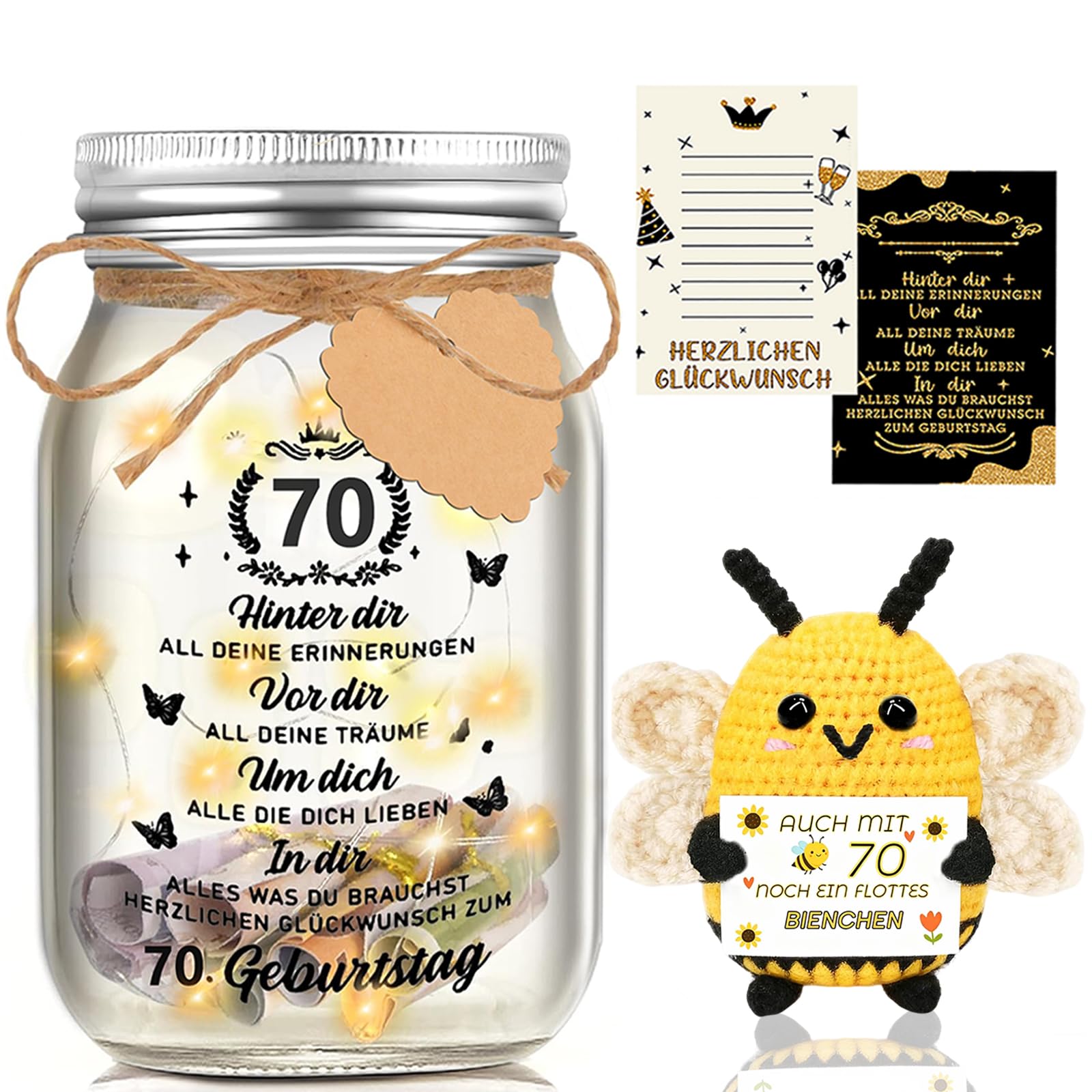 Johiux 70 Geburtstag Frau Mann LED Flaschenlicht Geburtstag mit Positiver Kartoffel Biene,Pocket Hug Positive Glücksbringer Biene Geburtstagskarte Lustige Geldgeschenke Verpackungen 70 Jahre