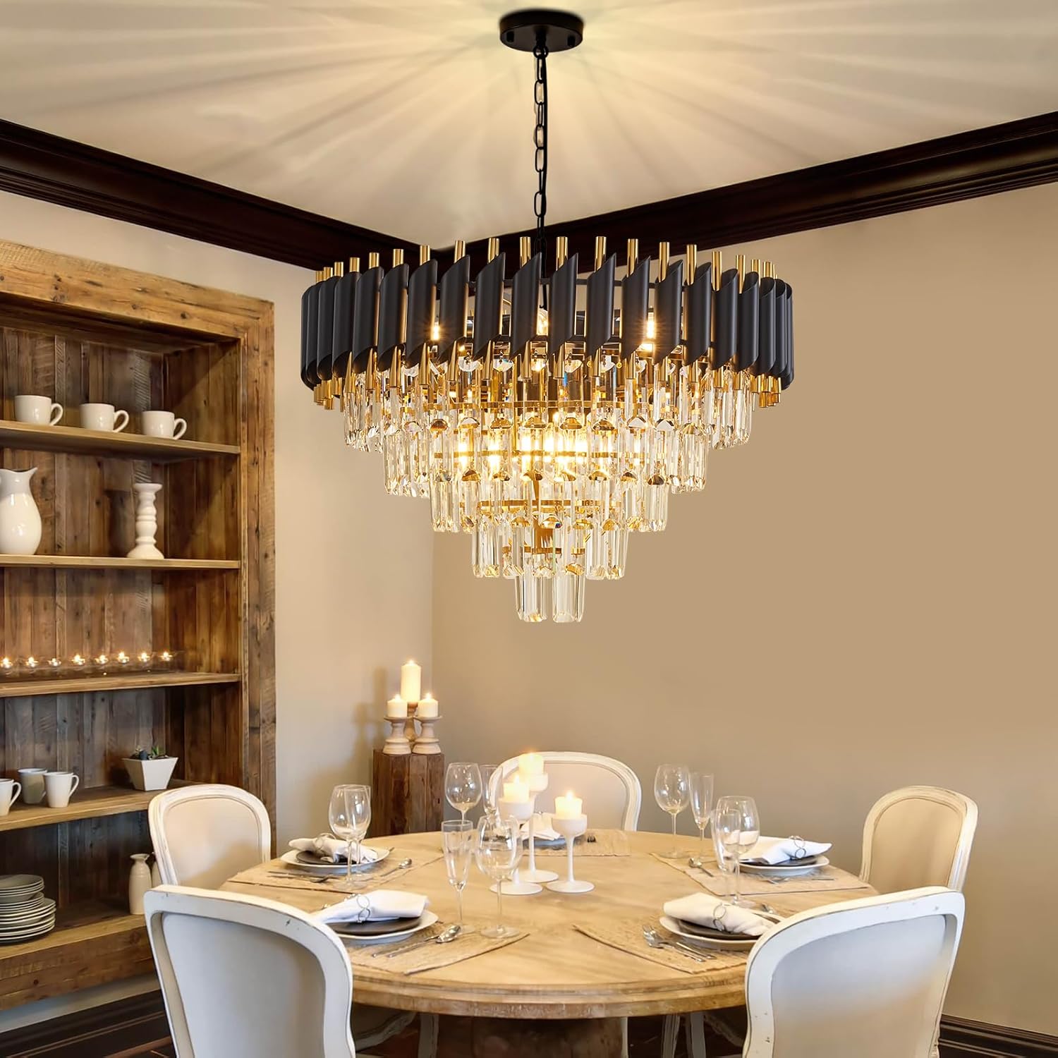 10-Light Large Crystal Chandelier 24" Dining Room Light Fixtures 5 Tiers Flush Mount Black and Gold Chandelier Round Large Chandeliers for Dining Room Living Room Kitchen Entryway Foyer