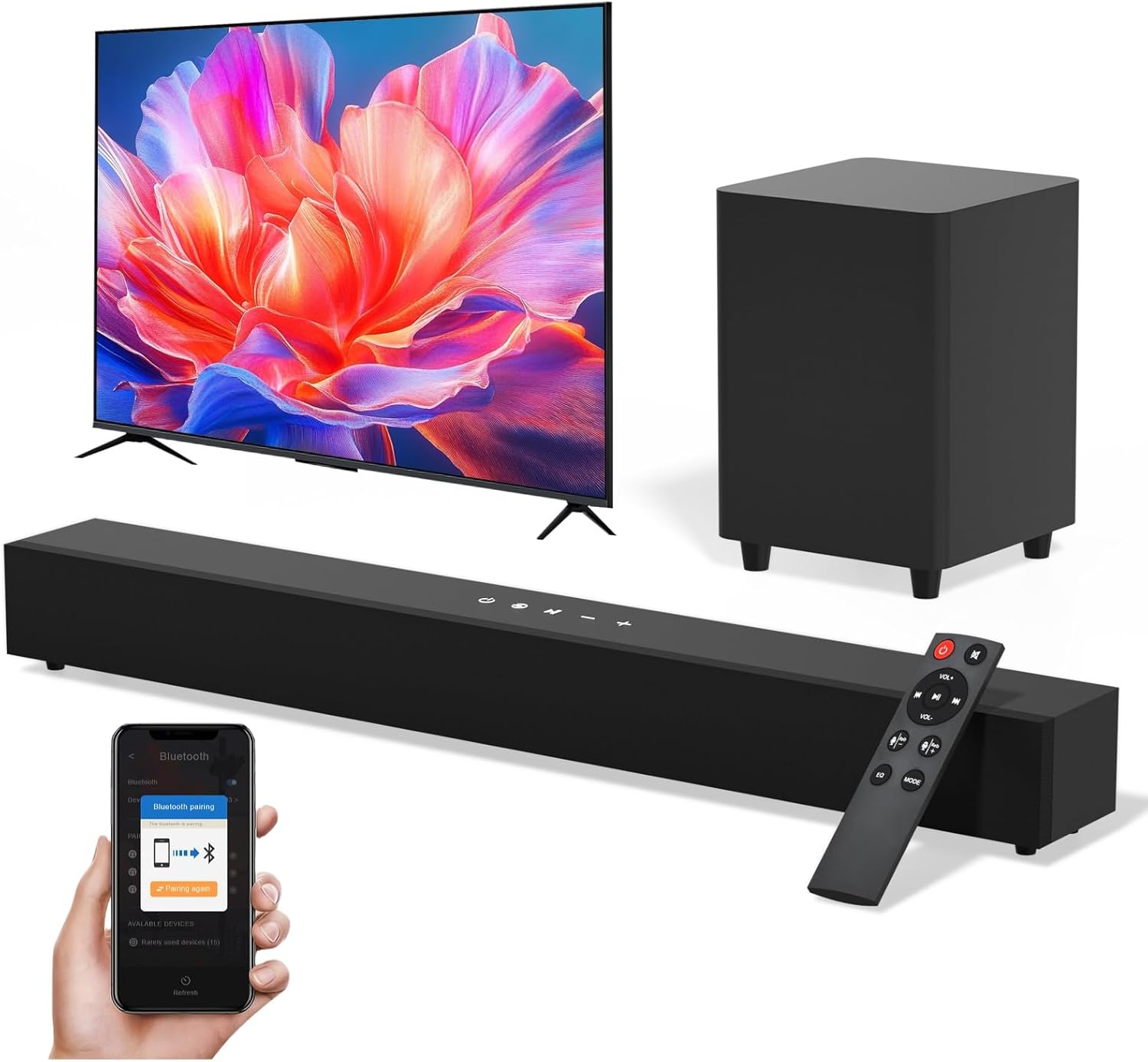 Soundbar for TV with Subwoofer, 2.1 Channel Surround Sound System, Bluetooth TV Speaker with Deep Bass, Optical/AUX/USB, Remote Control, Home Theater Sound Bar for Smart TV