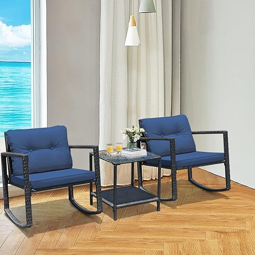 Miniatura 9 de HAPPYGRILL Juego de 3 piezas de bistró mecedora para patio al aire libre con sillas mecedoras y mesa auxiliar, juego de muebles de mimbre de ratán