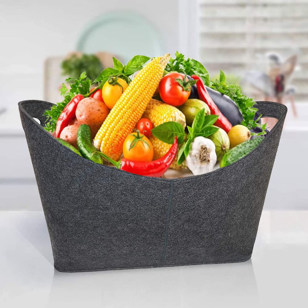 Cesto PortaLegna In Feltro XL Con Manici In Legno - Pieghevole, Grigio Scuro, 45x32x40 Cm, Capacità 14 Kg