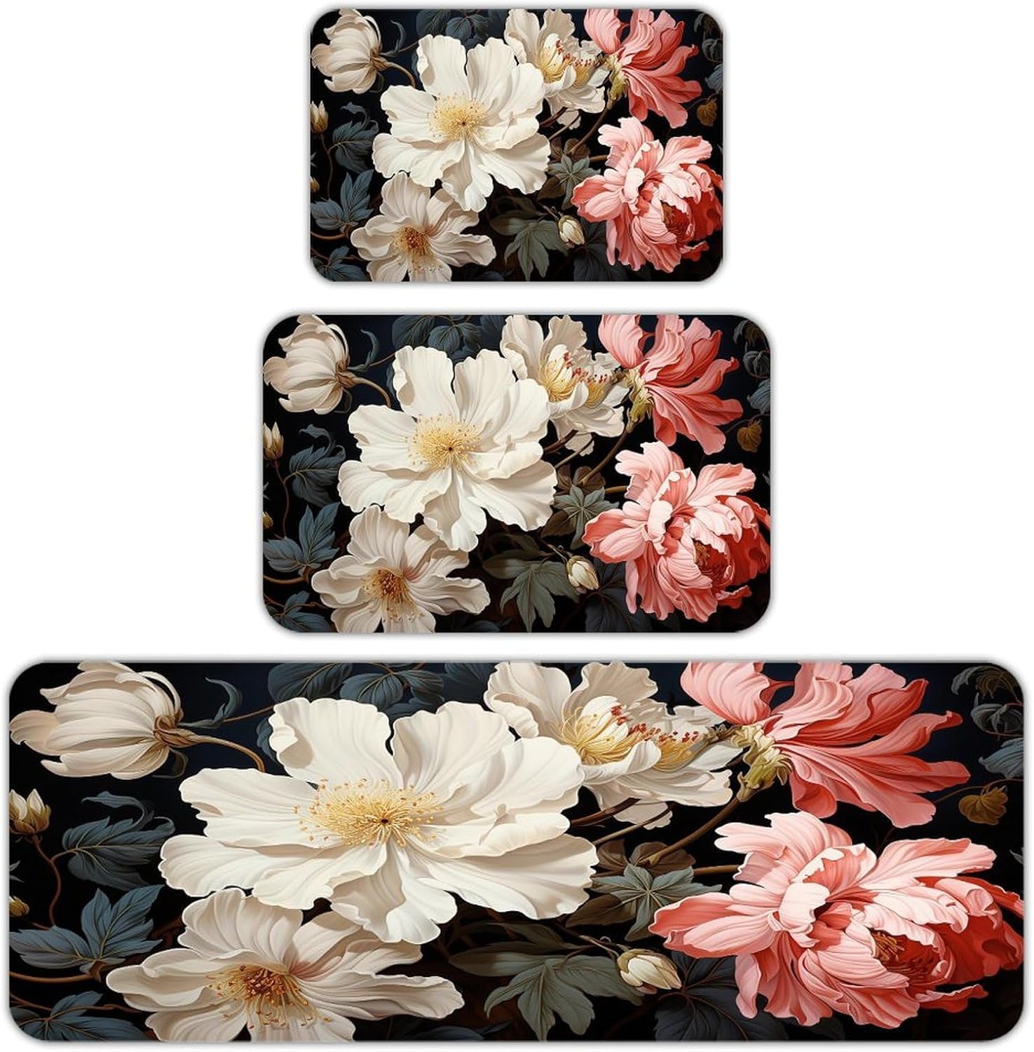 Fashion Flower Kitchen Mat Set of 3 Waterproof Floor Mats Non-Slip Kitchen Rugs Premium Flannel Rug Heavy Duty Standing Mat for Kitchen Home Bathroom Laundry