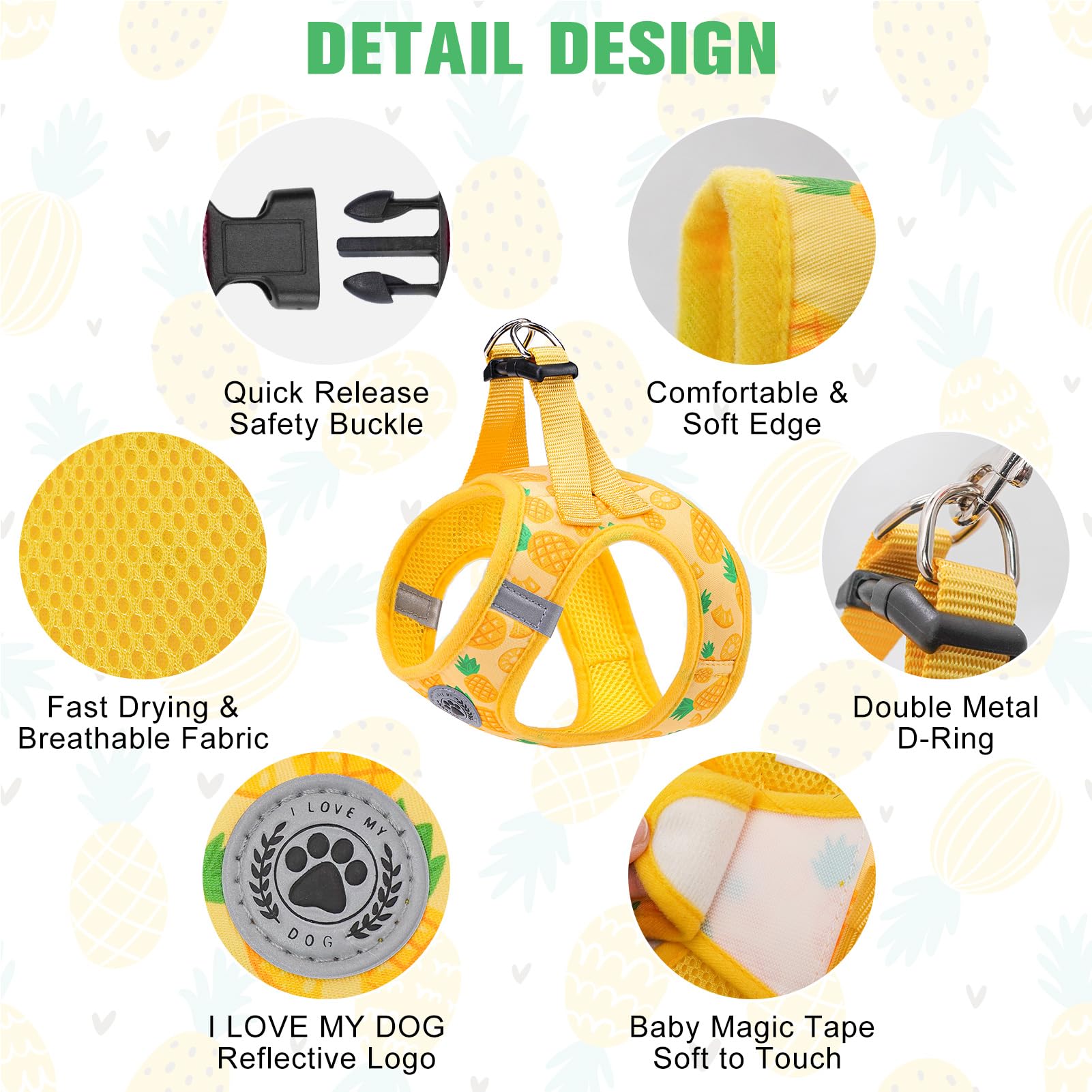 BEAUTYZOO Pineapple Pattern Dog Harness and Leash Set, Reflective, No-Pull, Small - Image 3