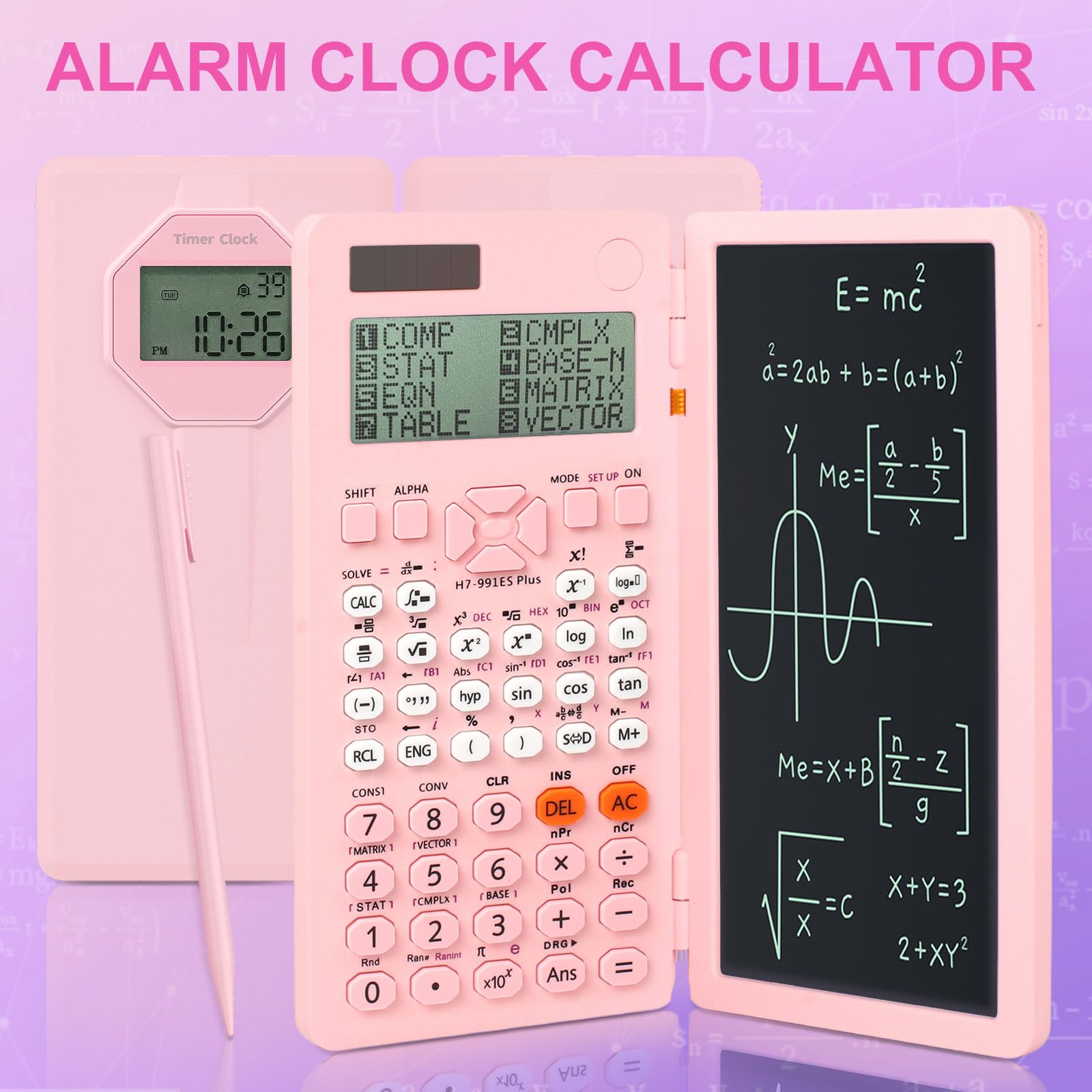 Calculatrice scientifique solaire 417 fonctions avec horloge, calculatrice mathématique, fournitures scolaires pour étudiants du collège et du lycée (rose)