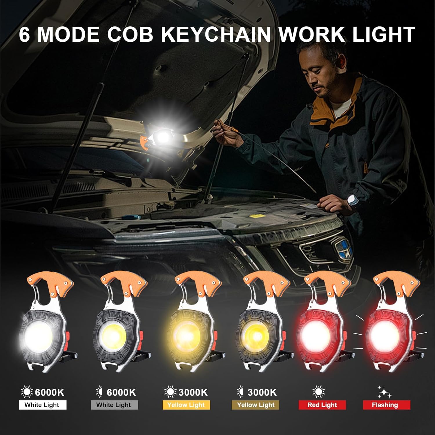 2 Pack Led Keychain Flashlight,2000 lumens Rechargeable Cob Waterproof Portable Led Work Light，5 Light Modes Pocket Light with Battery Display