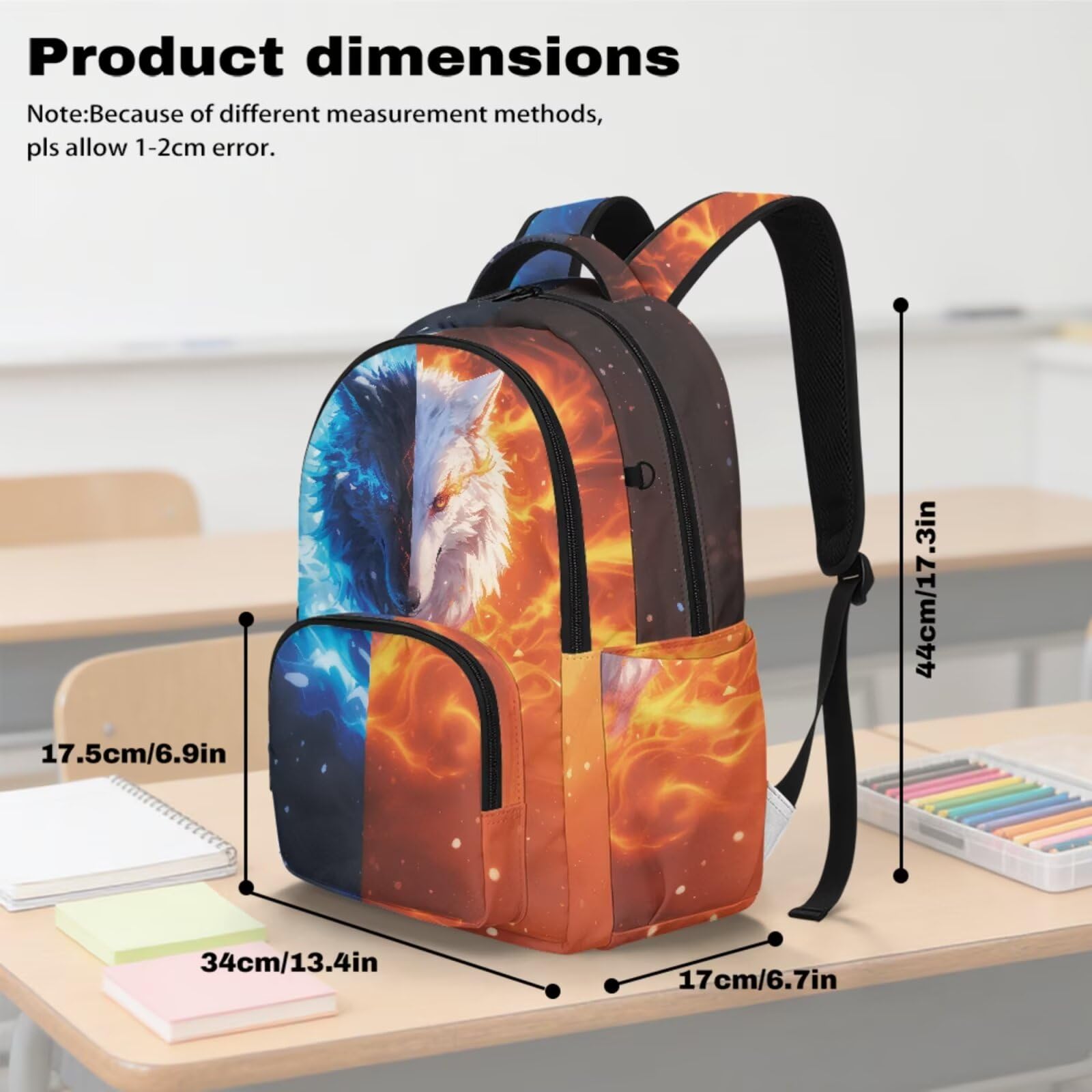 Teenager Jungen Schulrucksack mit Lunchbox Federmäppchen für Grundschule Grundschule, Flame Wolf, L, Casual