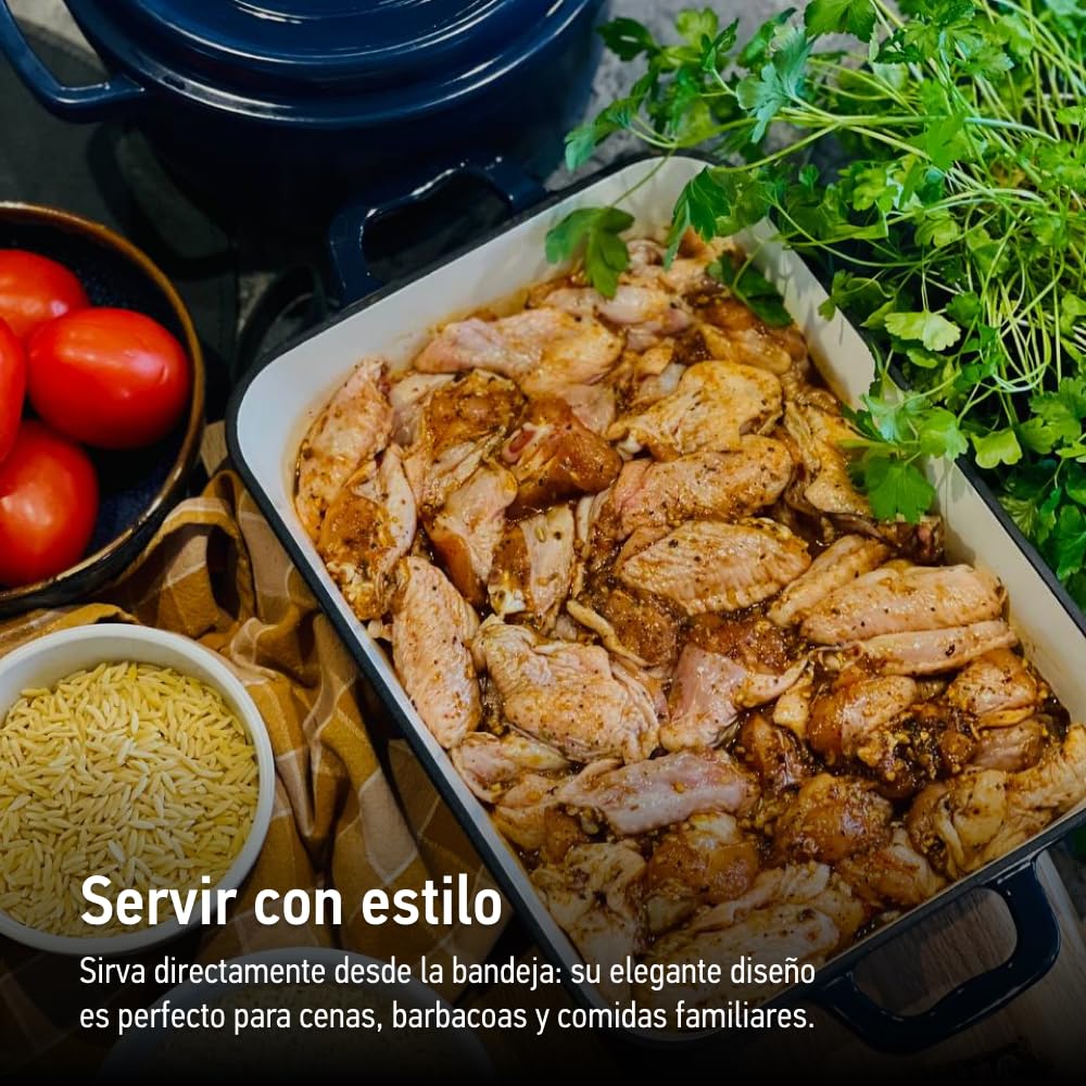Cazuela Rectangular de hierro fundido esmaltado para Lasaña, Platos para Horno - Molde para Gratinar Fuente de Cocinar elegante y minimalista con revestimiento de esmalte - 3,2 L, Azul
