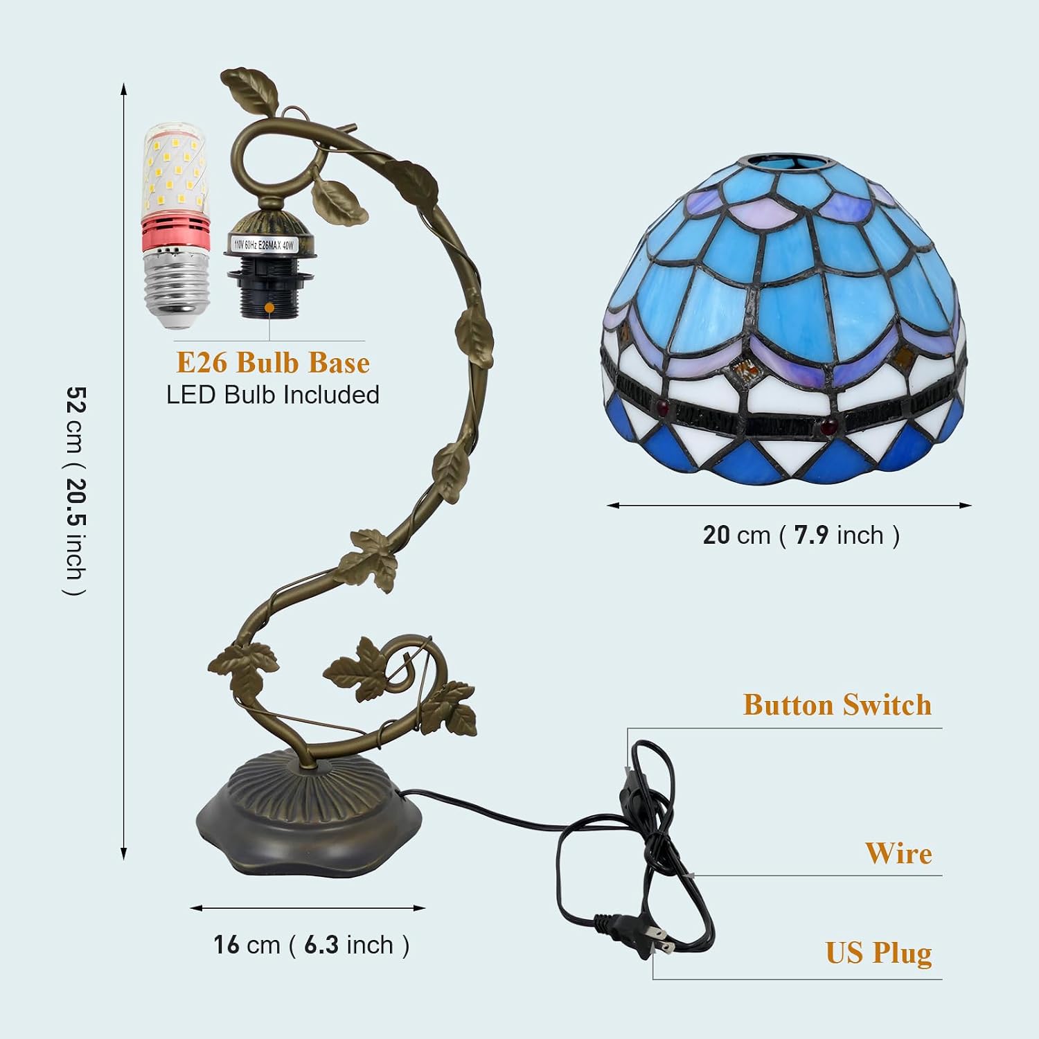Tiffany Lamp Stained Glass Table Lamp Blue Sea and Air Style Desk Light Metal Leaf Base 8X10X21 Inches for Small Space Bedroom Home Office Decor