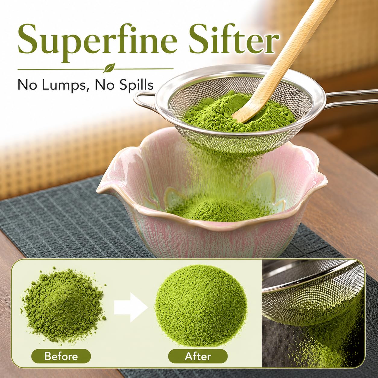 Matcha Set 5-teilig, Matcha Schale mit Ausgießer in Blumenform Grün Rosa, Chasen, Bambusbesen, Chasenhalter, Bambuslöffel, Sieb, Japanisches Matcha Tee Set