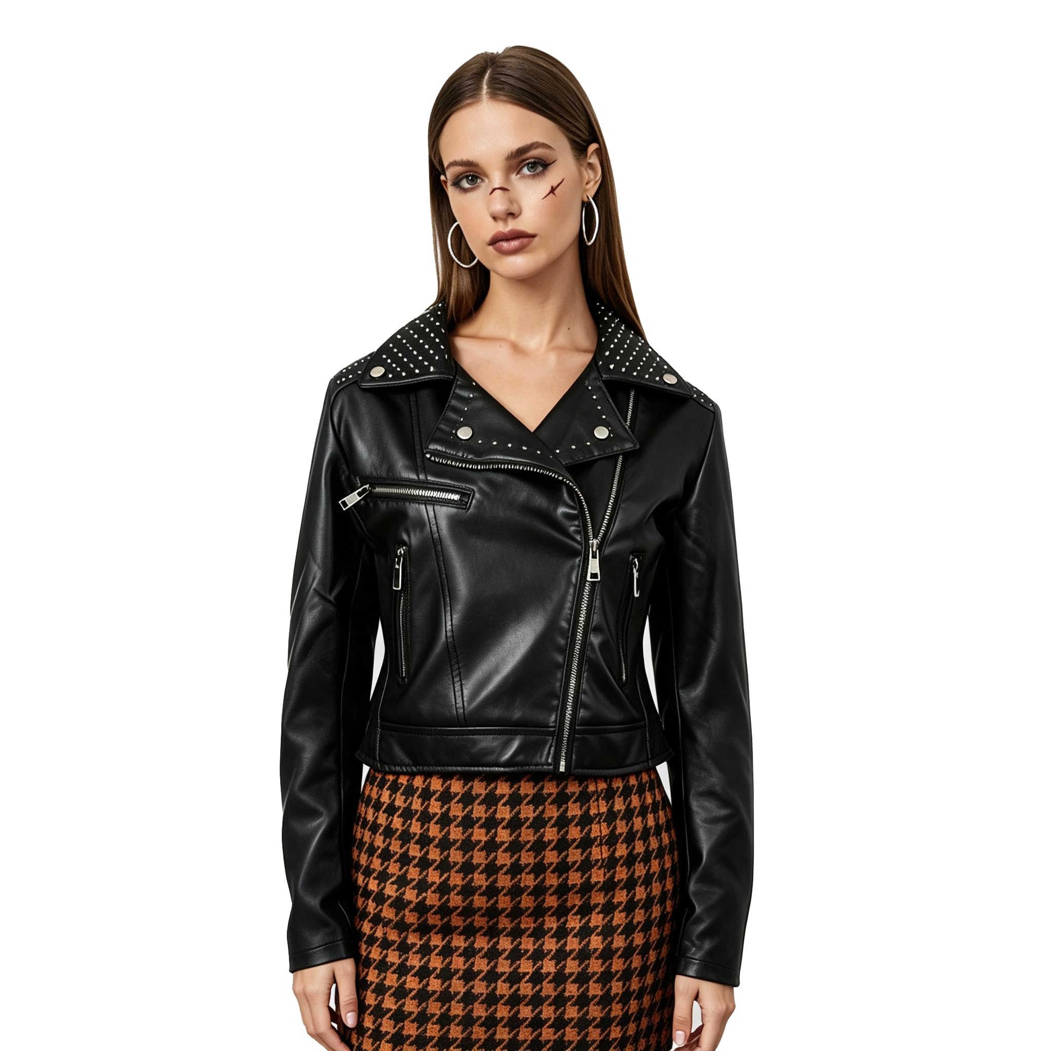 Veste de motard cloutée en similicuir pour femme | Manteau de moto court en polyuréthane avec poches zippées