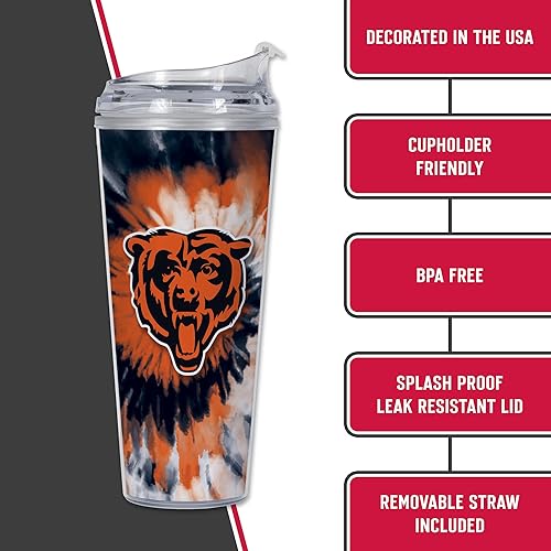 Miniatura 250 de Rico Industries NFL - Vaso de purpurina acrílica de 24 onzas con tapa con bisagras, vaso de doble pared con licencia oficial y popote Tie Dye
