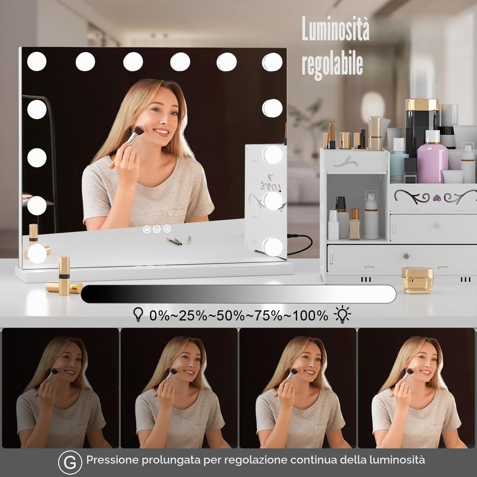 Royhom Specchio Trucco Con Luci, Hollywood specchio con luci 50 x 40 cm, 14 lampadine LED - specchio illuminato per vanity con montaggio murale e tavolo