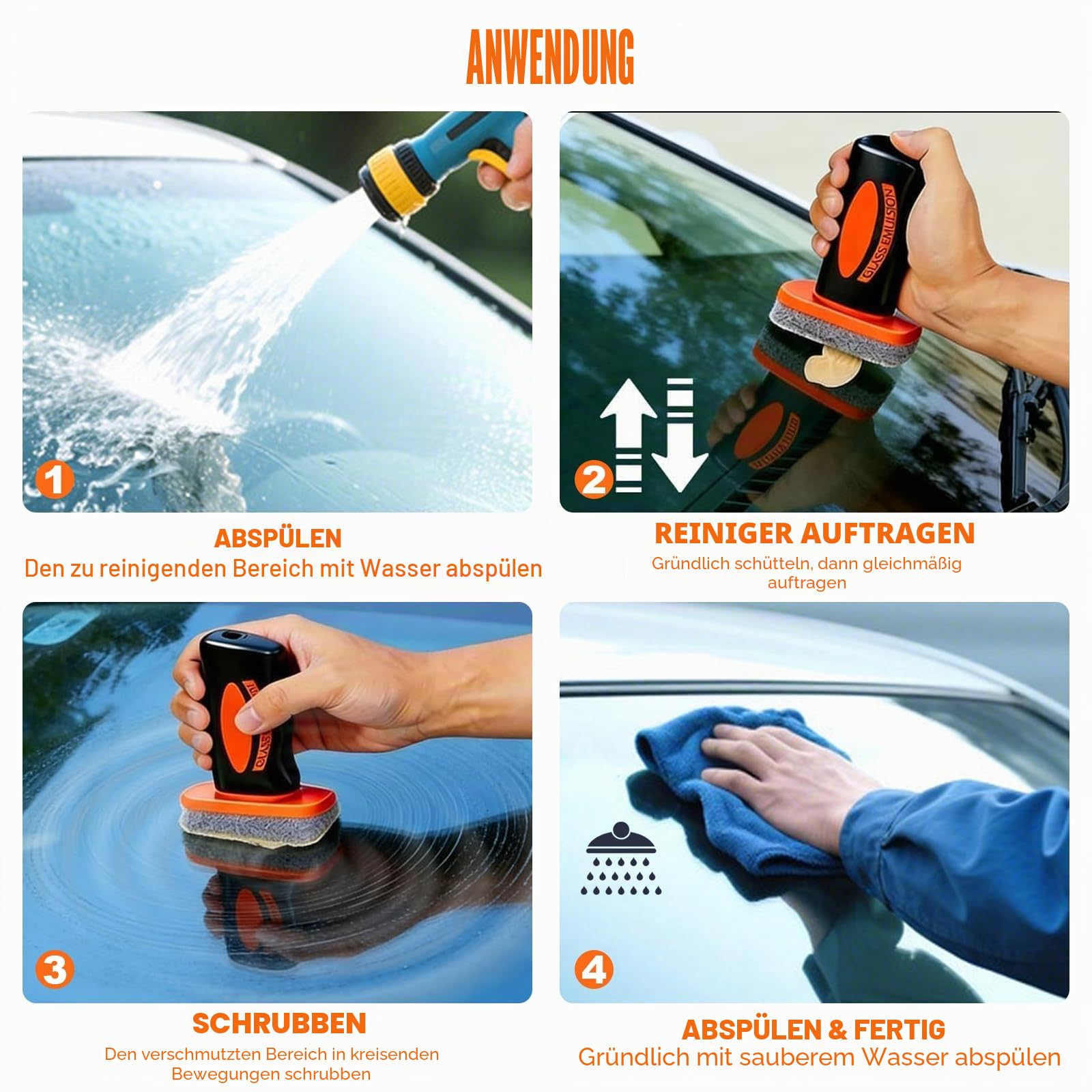 Handheld Ölfilm Entferner für Glas, 2er Pack Glasreiniger Emulsion mit Reinigungsbürste, Windschutzscheiben Reiniger und Scheibenreiniger Auto, für klare Sicht