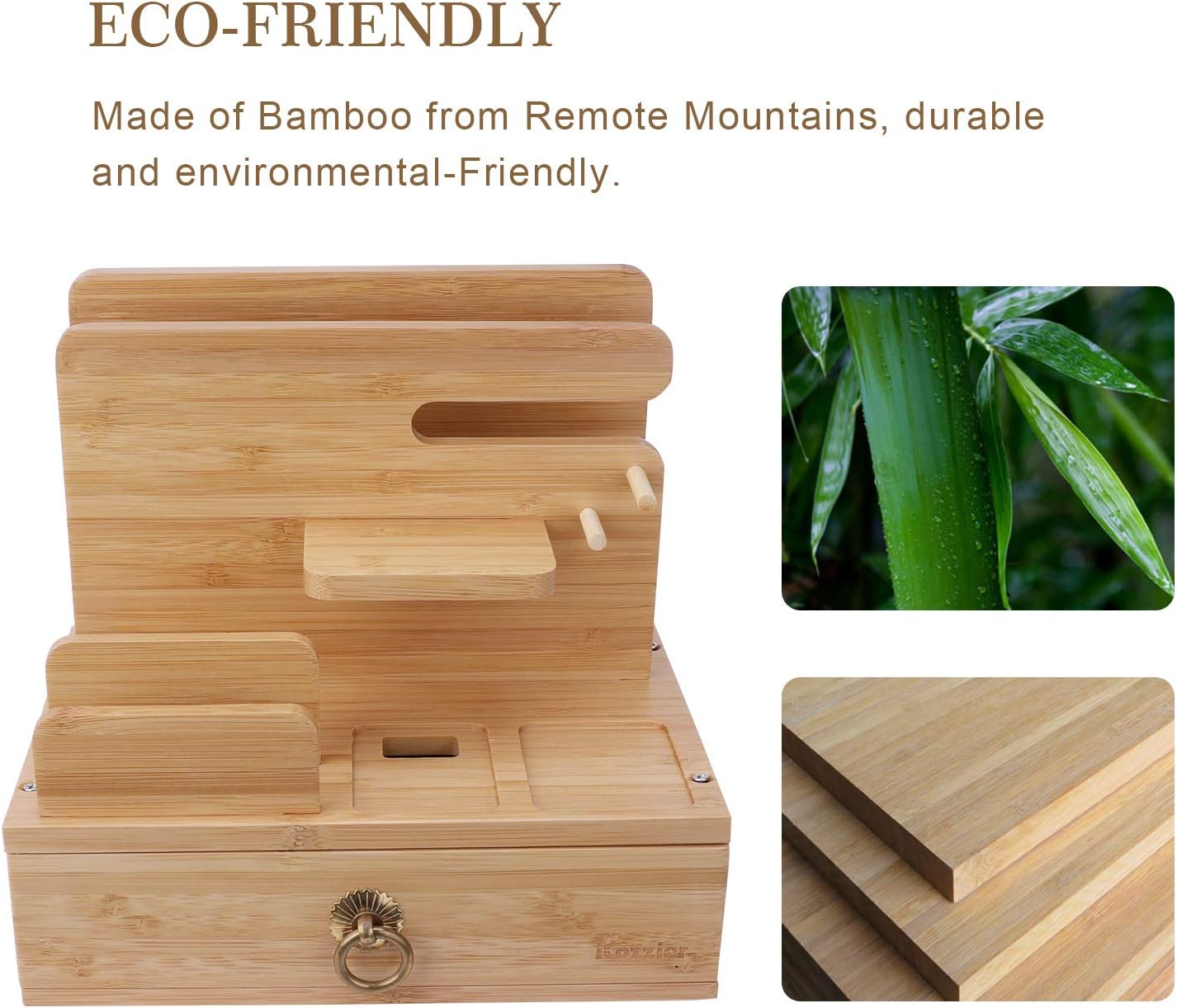 iCozzier Bamboo Multiple Device Desktop Charging Dock Station Watch Organizer Key Holder with Drawer for iWatch,AirPods,iPad,Smartphones,Tablets,Kindles