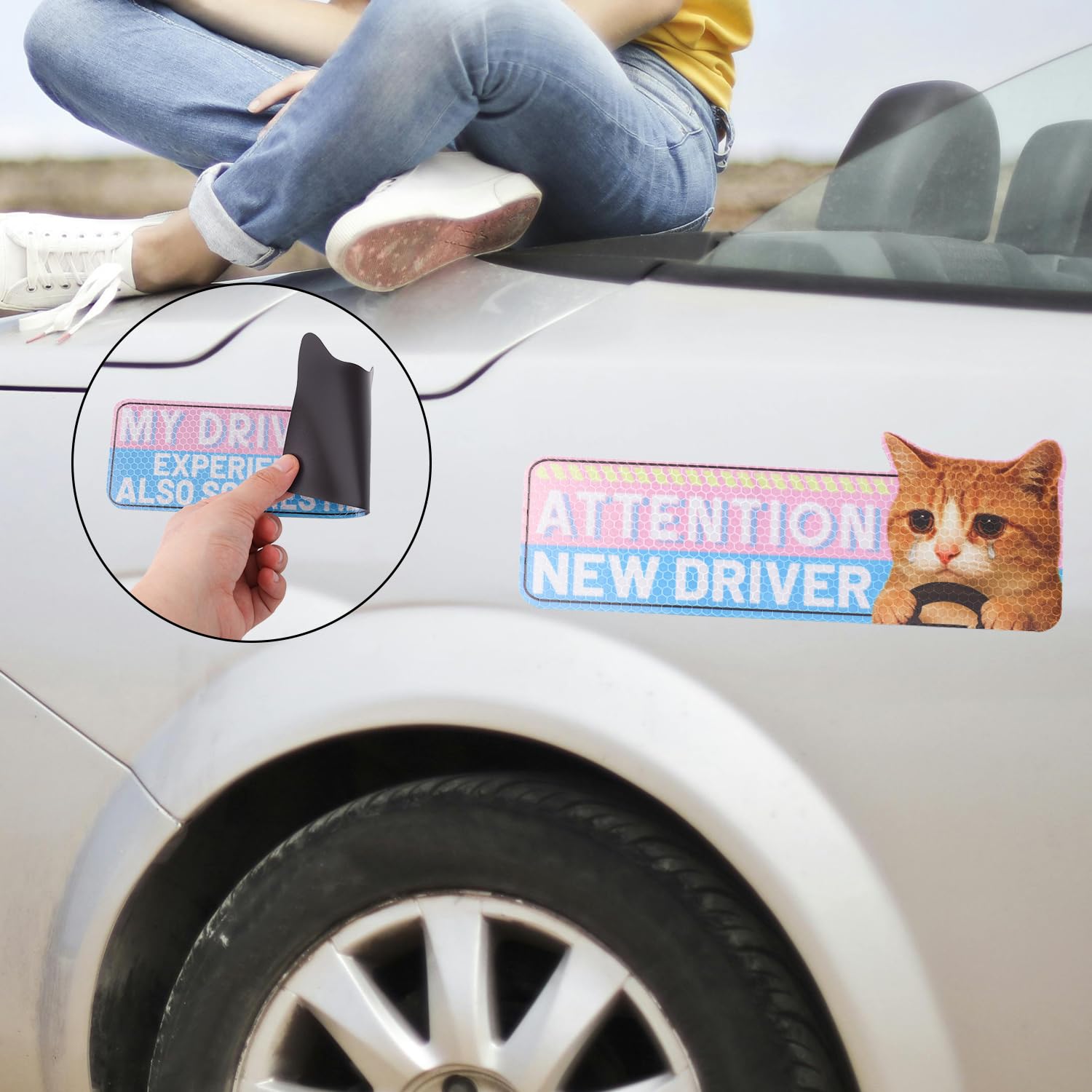 lasuroa 4pz Gatto Magneti per Auto Neopatentati, Divertenti Cartone Animato Riflettenti Magneti Studenti alla Guida Riutilizzabili Adesivi Magnetici per Paraurti Auto Segnaletica di Sicurezza
