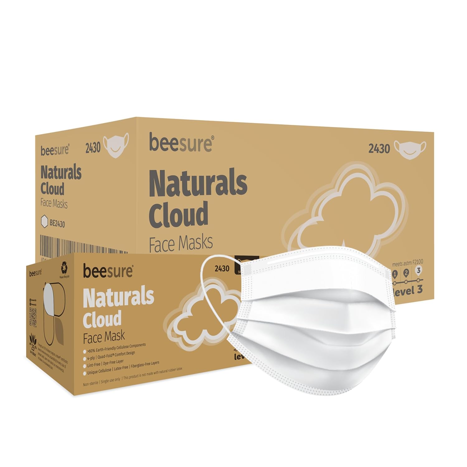 BeeSure BE2430case Naturals Face Masks, Cloud White (Pack of 400)