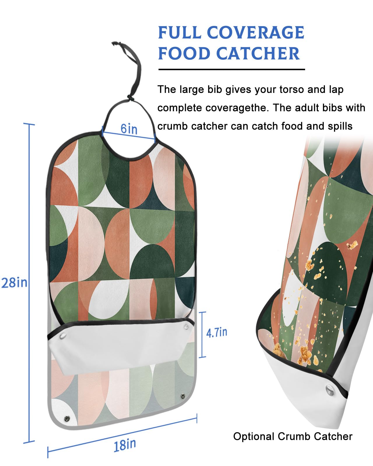 Abstract Geometric Adult Bib for Eating with Crumb Catcher,Washable & Waterproof Terry Cloth Adjustable Elderly Women Men Adult Bibs Funny Apron Clothing Protector Chic Multi Middle Century Aesthetics