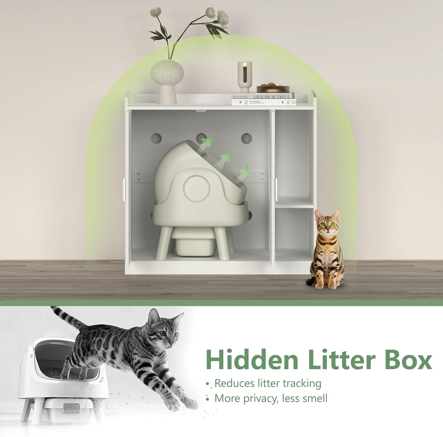 amunrbrek Extra Large Litter Box Enclosure with Adjustable Dog Proof Shelf - Designed for Self-Cleaning and XXL Litter Boxes (White)