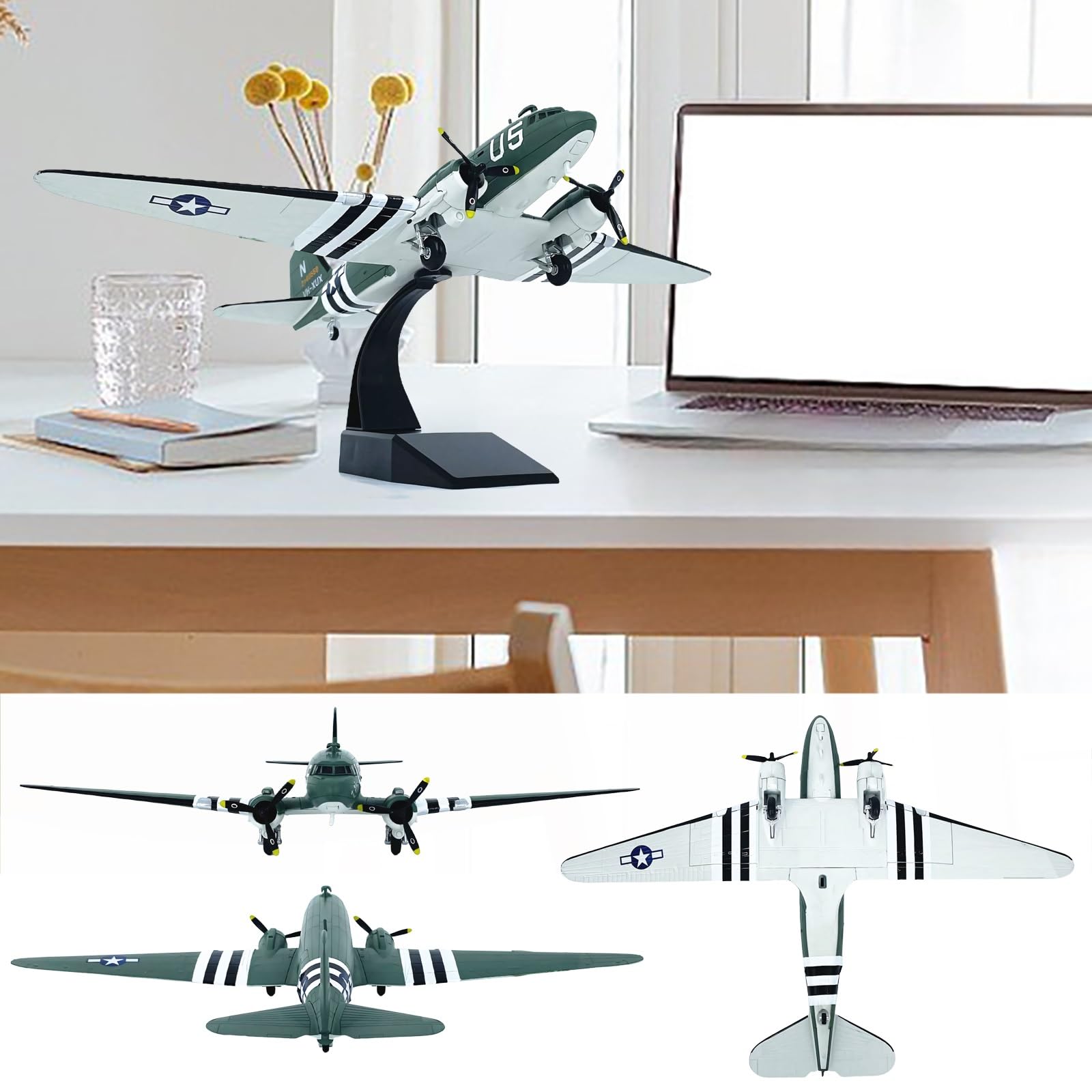 Modello aereo trasporto C-47 in scala 1:100 - Warbird militare in lega con espositore, puntelli rotanti Ruote Decorazione da scrivania for collezionisti, appassionati aviazione, ufficio