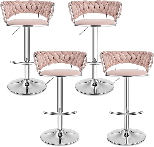 Juego de 4 taburetes de bar de terciopelo dorado, taburetes de bar giratorios de 360 con respaldo, taburetes tapizados de altura ajustable para isla