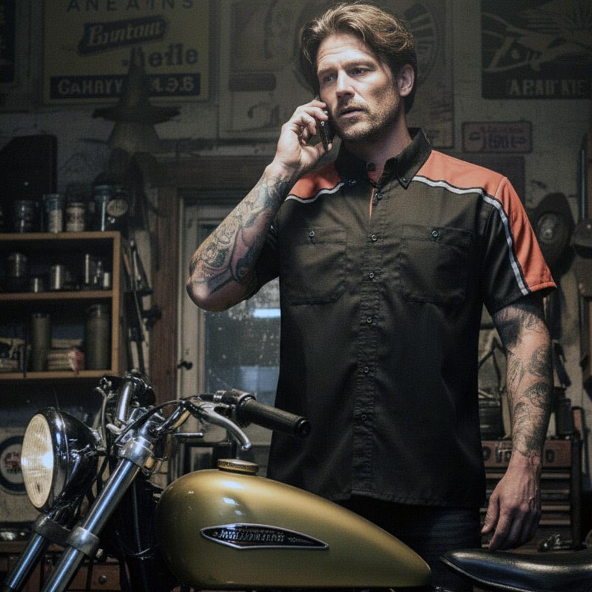 MILWAUKEE MOTORCYCLE CLOTHING CO. Men’s Blk/Orange Mechanic Work Shirt – w/Reflective Strip, Rider‑Built MDM11603