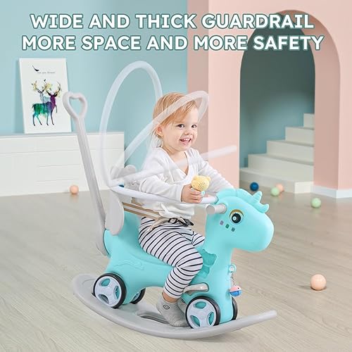 Vista 20 de Caballo mecedor 4 en 1 para niños pequeños de 1.5 a 3 años, juguetes de paseo en bicicleta de equilibrio con asa de empuje, respaldo de juguete Rosa