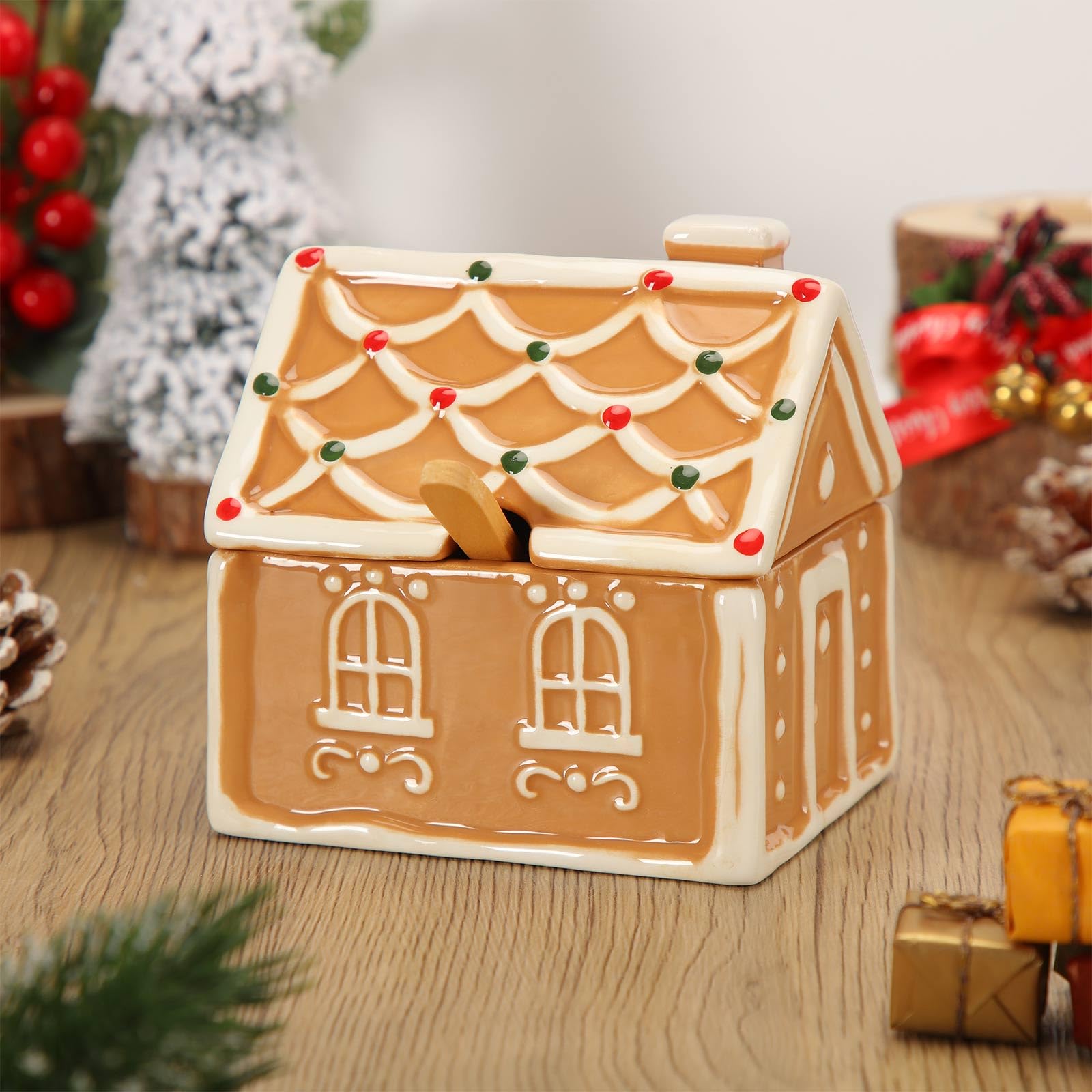 Honeydak Lebkuchenhaus-Zuckerdose aus Keramik mit 12,7 cm Löffeln, Weihnachts-Süßigkeiten-Vorratsdose mit Deckel, Backbehälter, Organizer, Urlaubsdekoration, Geschenk-Set, 10,9 x 8,9 x 10,9 cm, 4