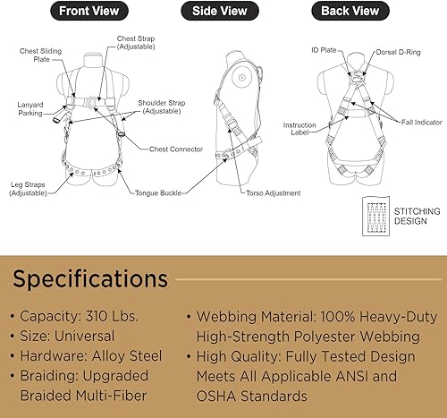 Miniatura 6 de AFP Arnés de seguridad universal de cuerpo completo con anillo en D dorsal con hebilla de lengua de alta visión, cordón absorbente de golpes