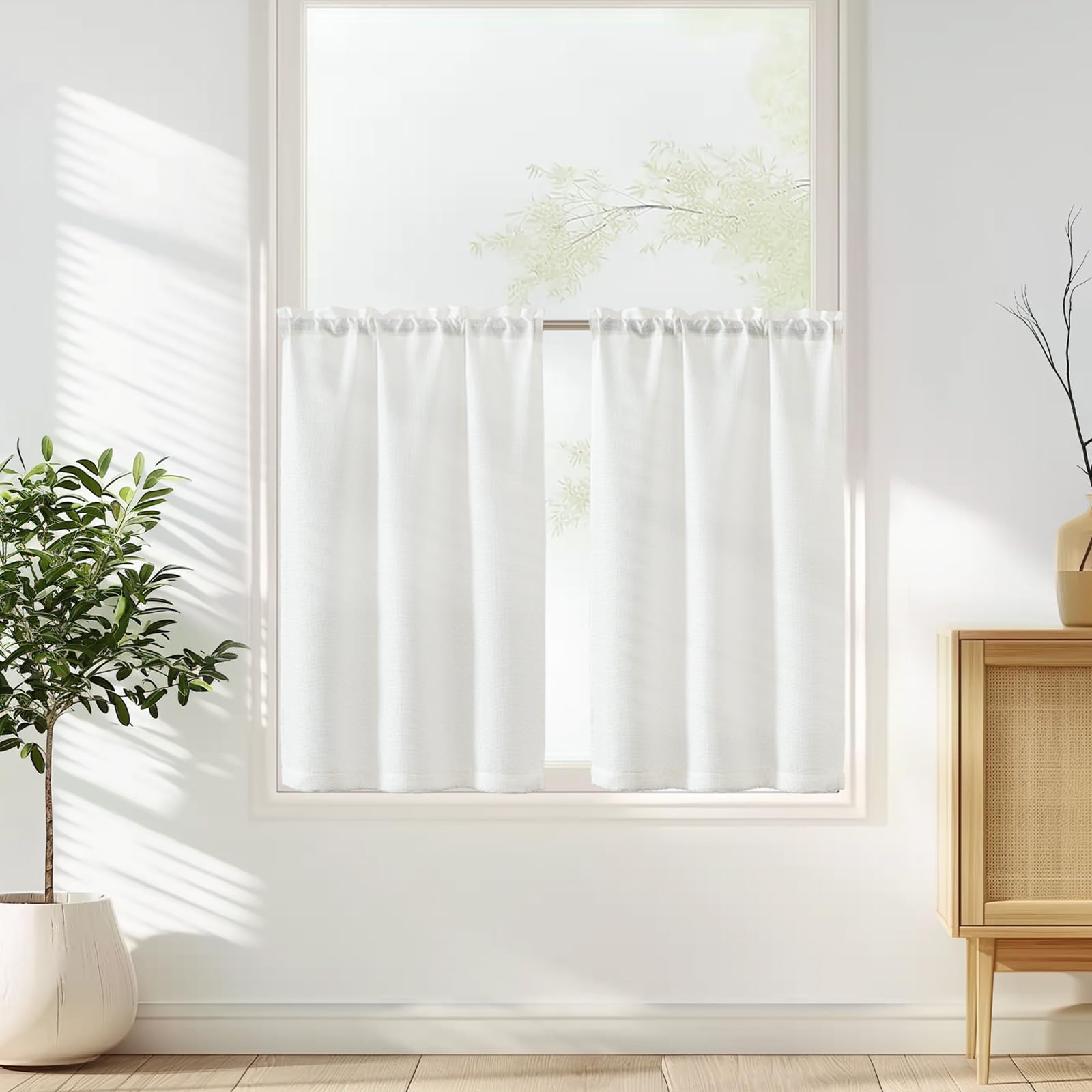 Vangao Scheibengardinen Modern Küche Weiß Bistrogardine 2er Set 90Bx75H cm mit Stangendurchzug Gardinen Kurz Lichtdurchlässig Leinenoptik Küchengardinen für Kleine Fenster Wohnmobil Küchenfenster