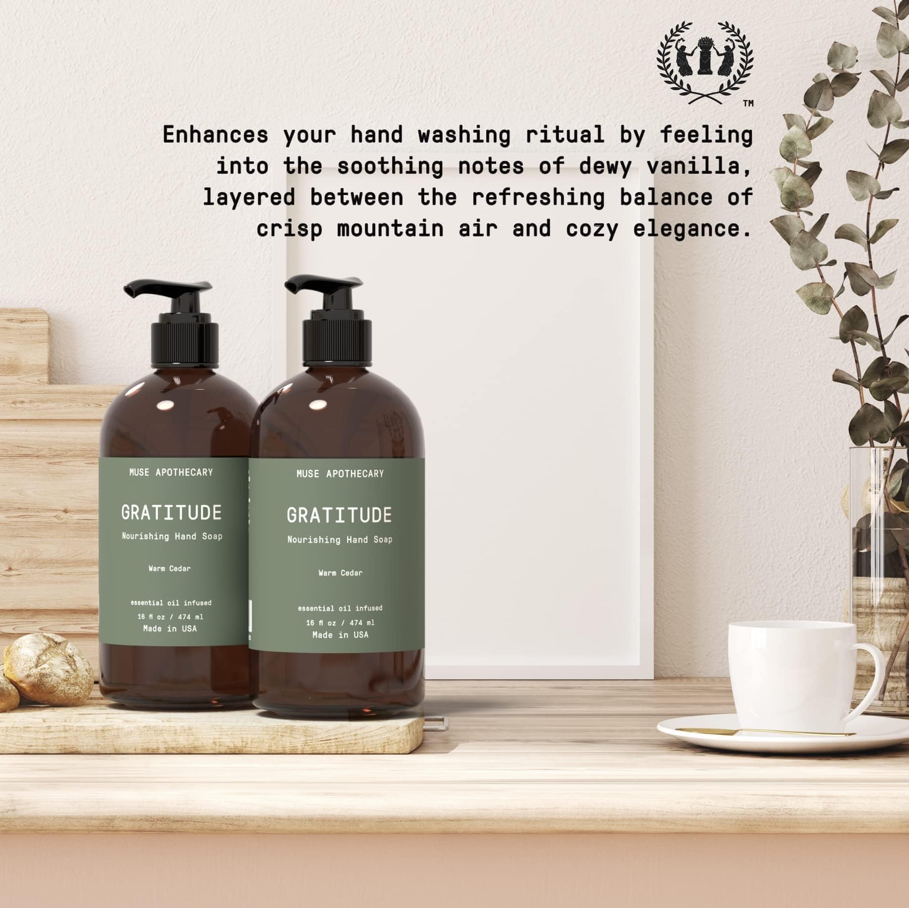 Muse Apothecary Handseife, aromatisch und pflegend, Botanische Kollektion, mit natürlichen ätherischen Ölen für Aromatherapie, 473 ml, warme Zeder, 2 Stück