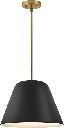 Lark Madi Large Single Bulb Pendant Light, Black and Lacquered Brass Finish | Rounded Tapered Black Drum, Interior White Finish, Needs a Med. LED Bulb, Includes 6" & 2 12" Downrods, Sloped Ceiling