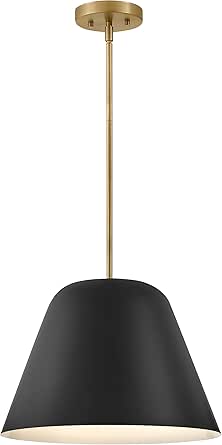 Lark Madi 83707LCB-BK Medium Pendant Light, Rounded Tapered Drum, Interior White Finish, Black and Lacquered Brass