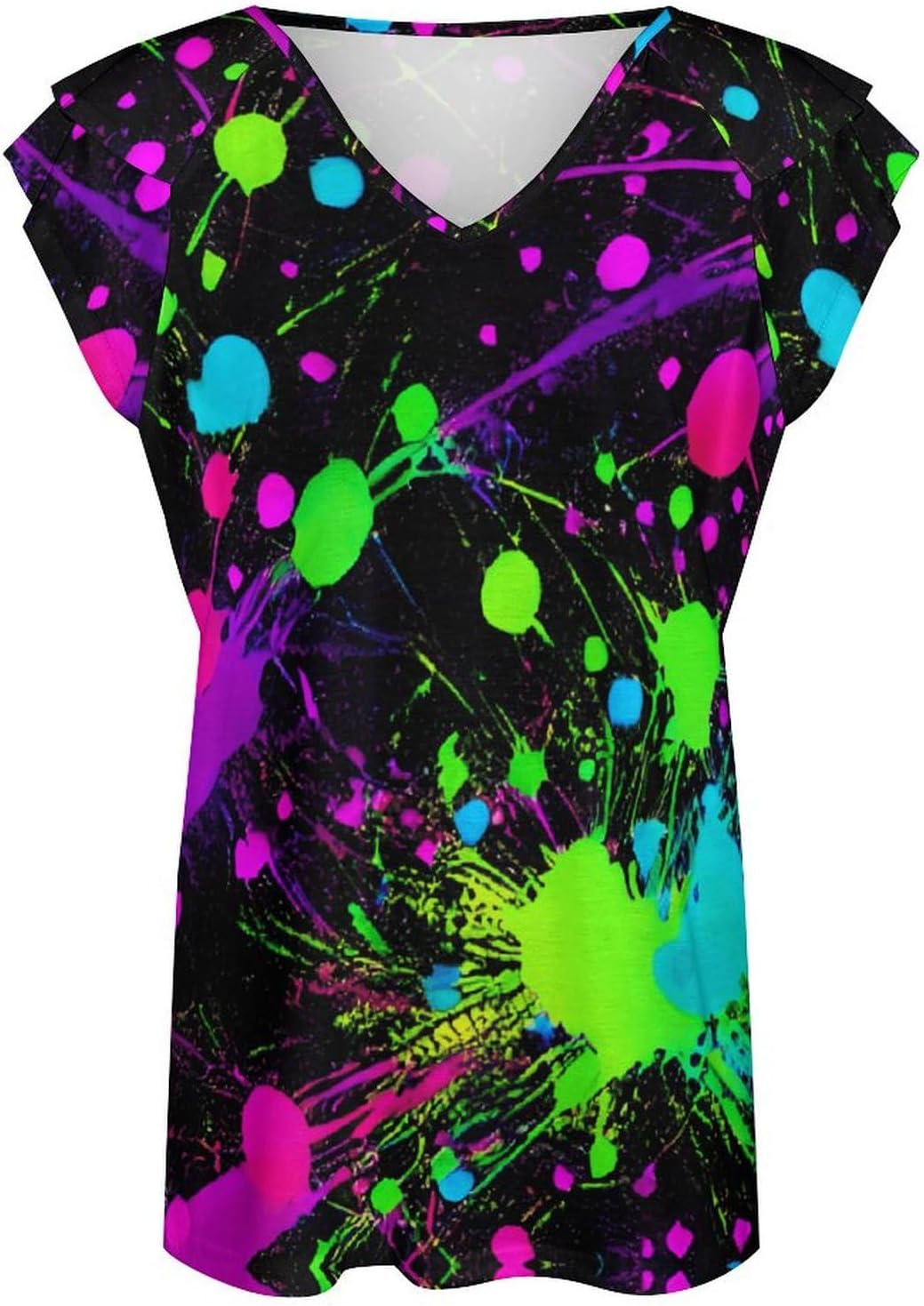 Glow in Dark Splatter Neon Women's Short Sleeve Shirt Tops Loose V-Neck Ruffle Tees Summer Beach Blouses - Image 4