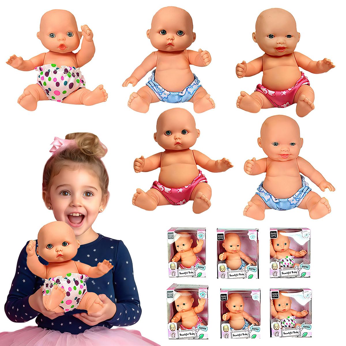 COO11Sweet Baby Doll Washable Soft Body Vinyl Play Toy Gift 5 inch Light Skin & Blue Eyes (6Pcs)