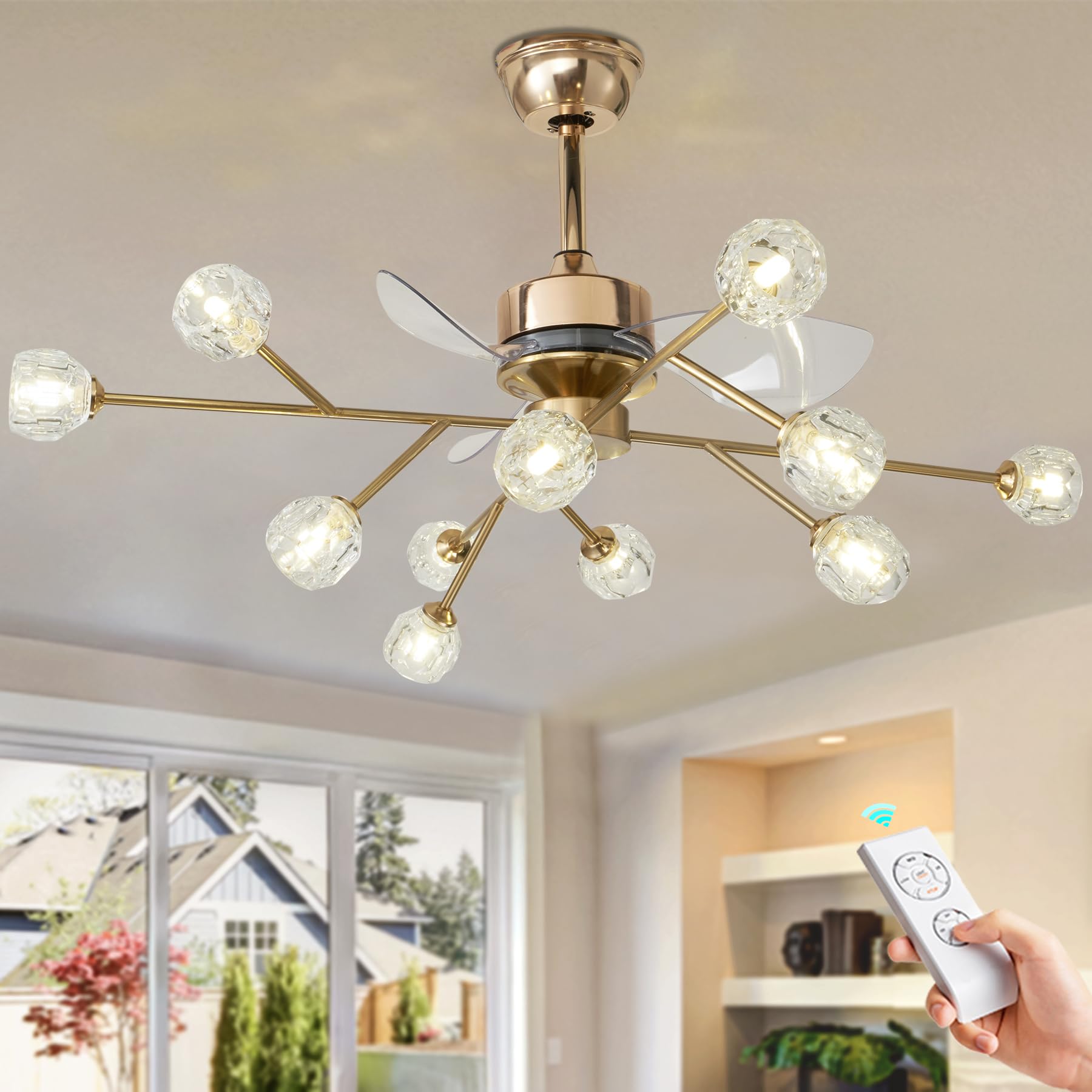 MORE CHANGE 12-Light Crystal Retractable Ceiling Fan and Remote, 42" Luxury Brass Gold Sputnik Chandelier Ceiling Fan with Reversible Blades 6 Speeds Fandelier for Living Dinning Room