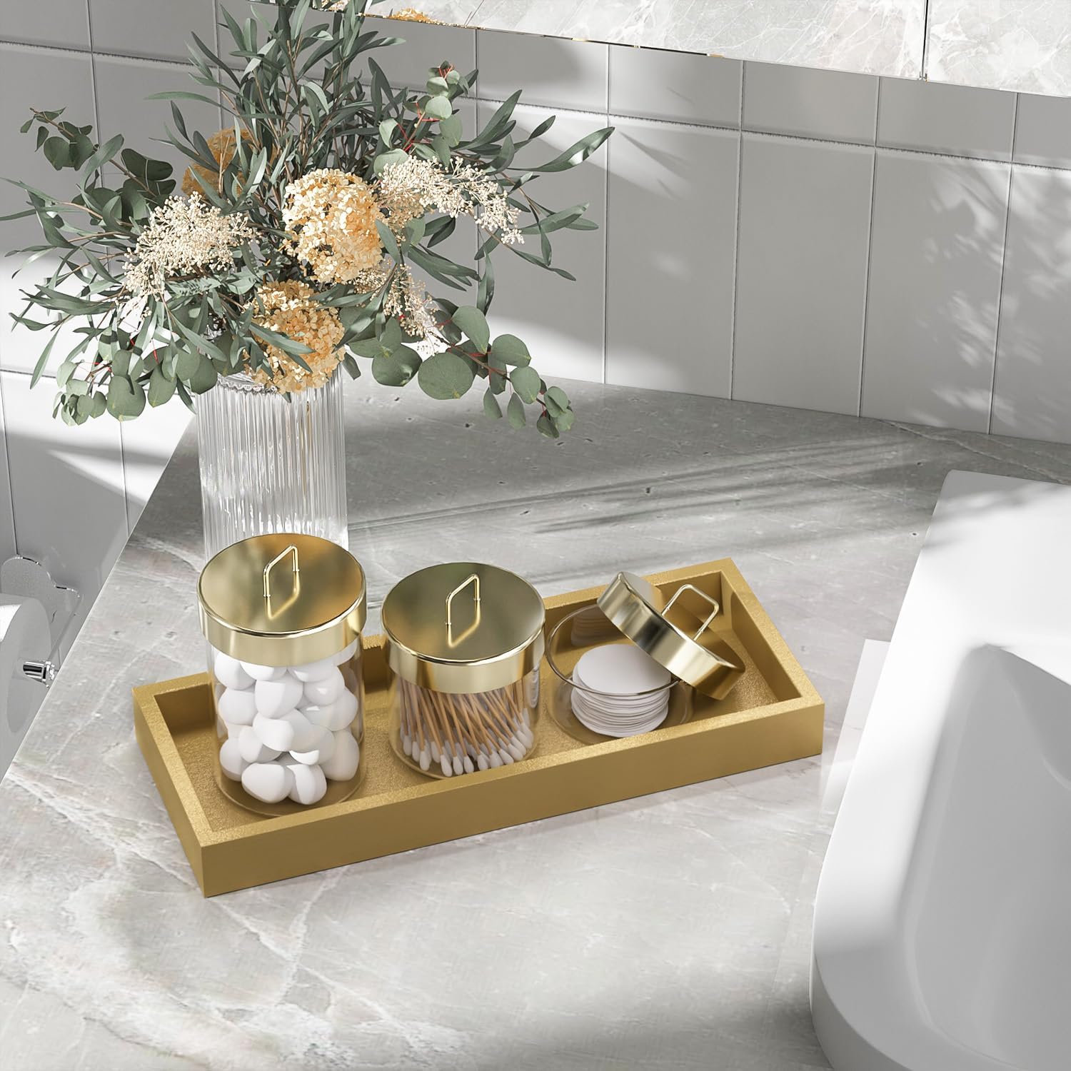 ZHWS Gold Bathroom Vanity Tray for Soap Dispenser, Perfume, Jewelry, Candle, Makeup, Decor, Toilet Tank Tray, Kitchen Tray for Spice, Salt, Coffee 11.3”L x 4.4”W x 1.14”H - Image 3