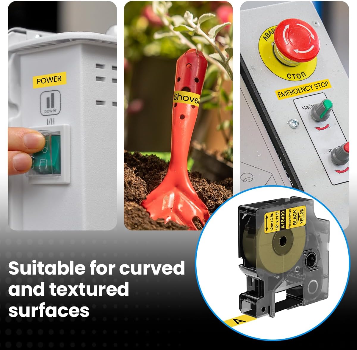 Compatible Rhino Label Tape Yellow Replace for DYMO 18490 Flexible Nylon Labels 1/2'' 12mm for DYMO Rhino 4200, 5200, 5000, 6000 Industrial Label Maker, Black on Yellow, 1/2" x 11.5',4-Pack