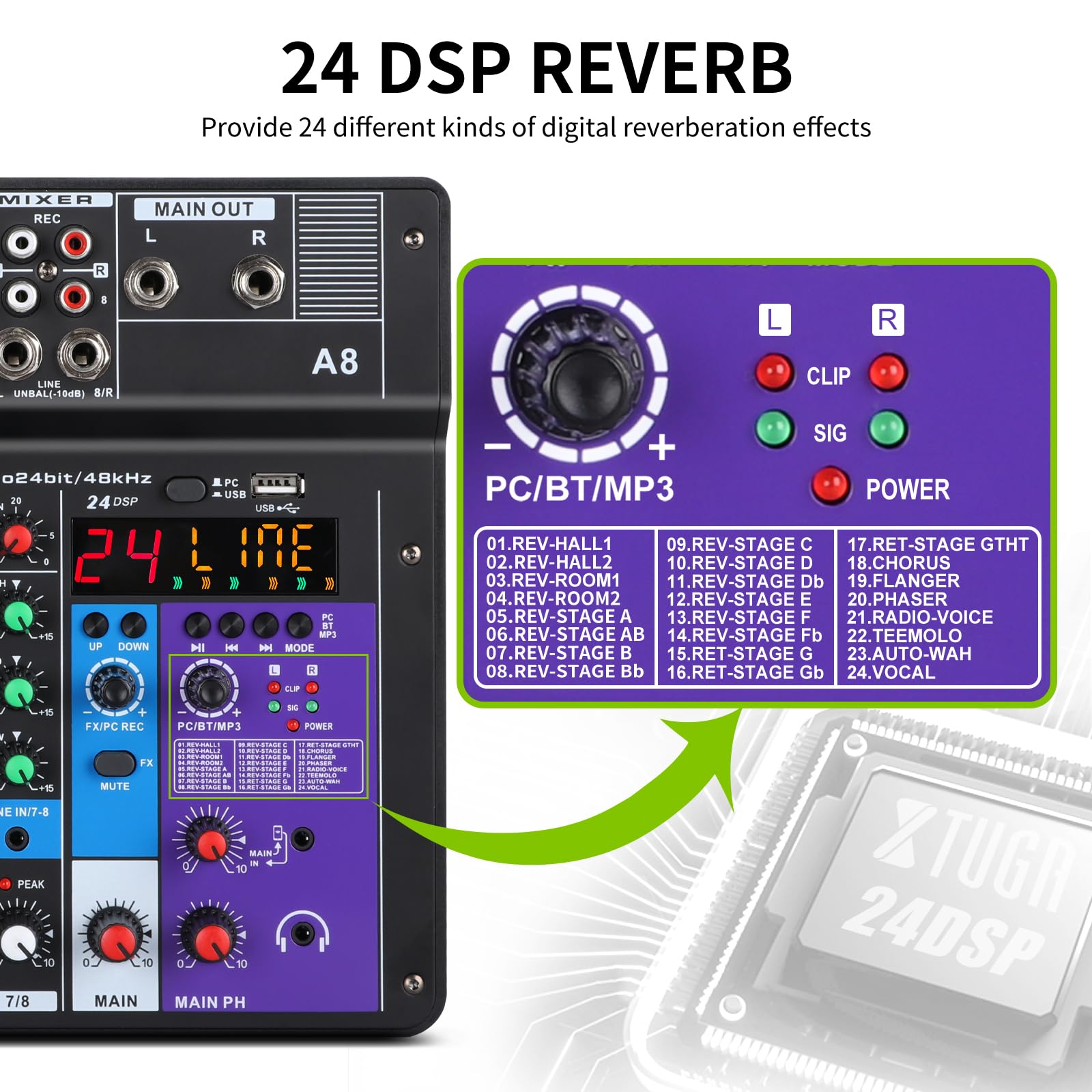 XTUGA A8 Audio-Mischpult, 8 Kanäle, mit USB-Mischpult, Bluetooth-Audio-Mixer und 48 V Phantomspeisung, Rückschleifenfunktion, ideal für Shows und Meetings