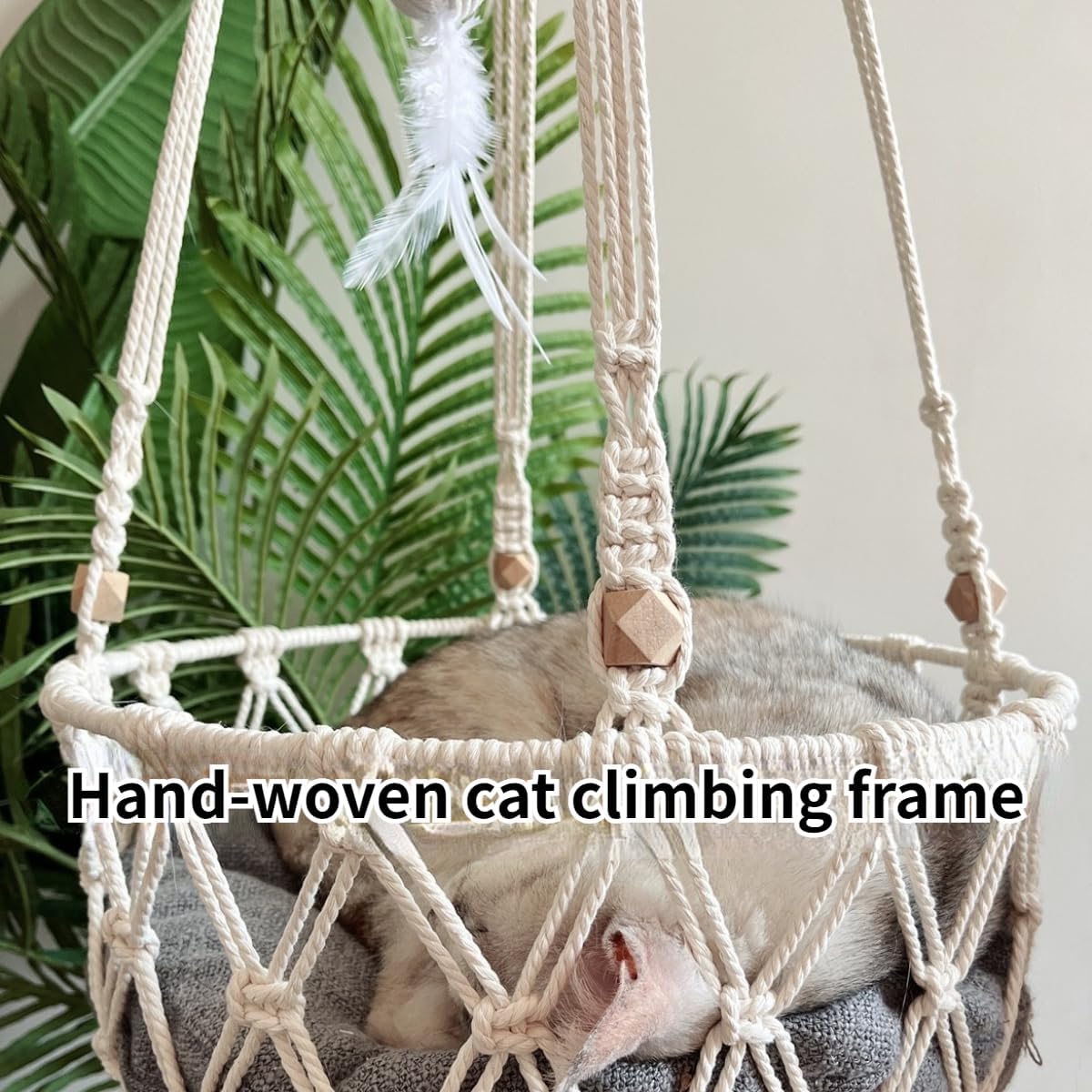 review Cat Hammock, Handwoven Hanging Boho Cat Bed for Indoor Outdoor Home Decor for Playing Sleeping Climbing and Lounging with Cushion (Off-White)