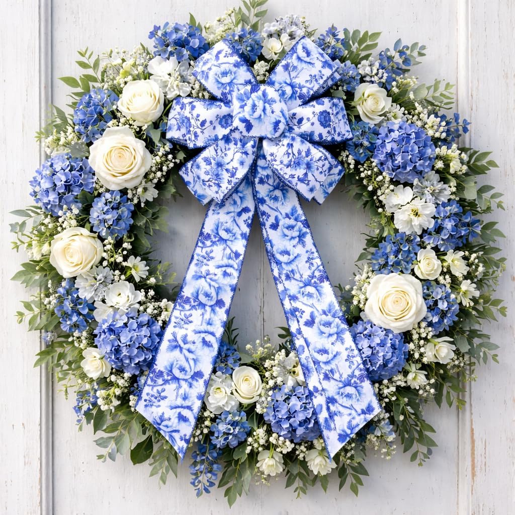 Blue and White Wired Edge Ribbon, 2.5 Inch x 20 Yards Floral Fabric Ribbon for Wreath Bow, DIY Crafts, Gift Wrapping, Wedding, Bridal Shower,4 Rolls (White and Blue)