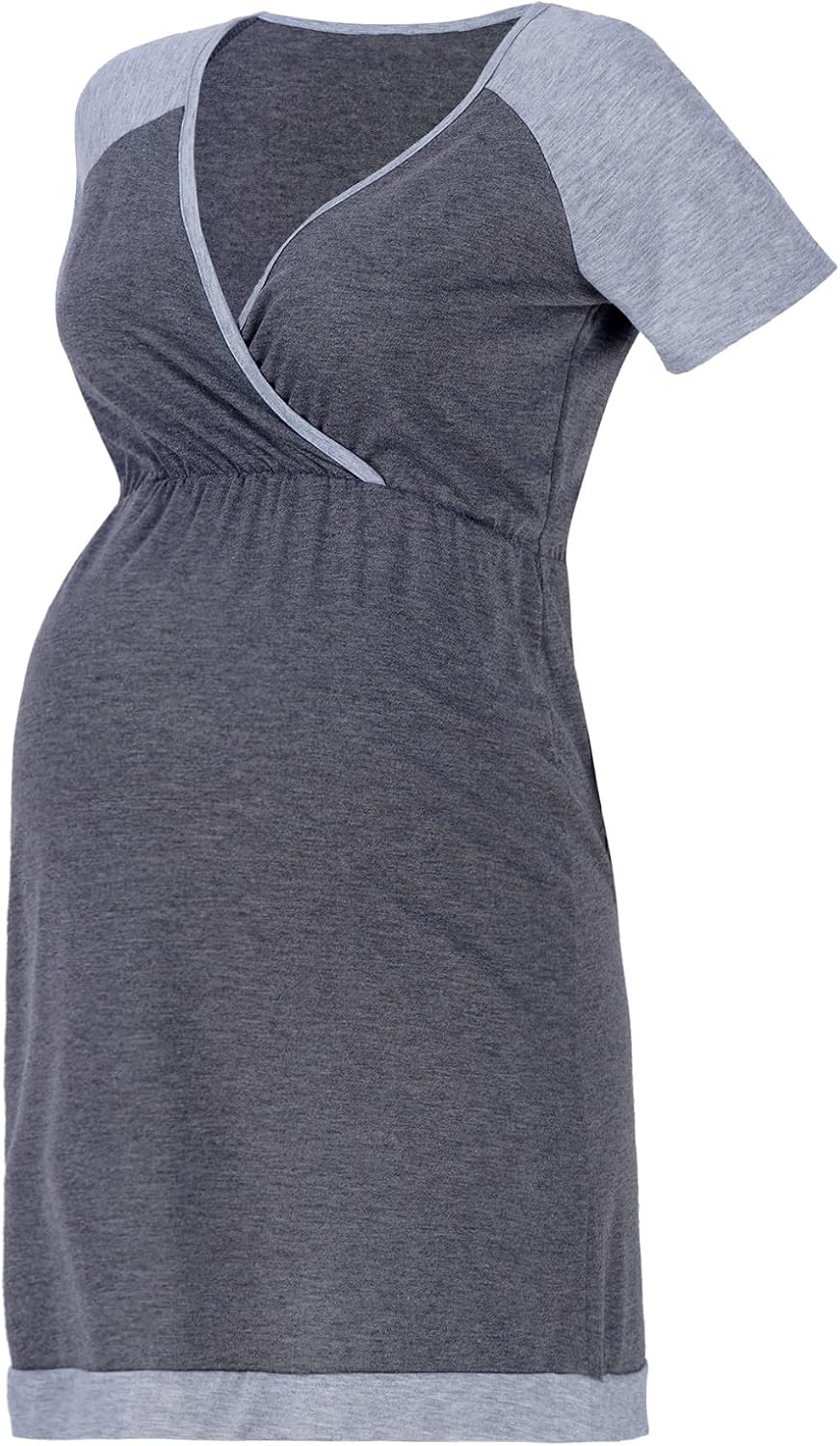 Kaerm Women's Maternity Sleepwear Short Sleeve Color Block V Neck Wrap Dress for Nursing Breastfeeding