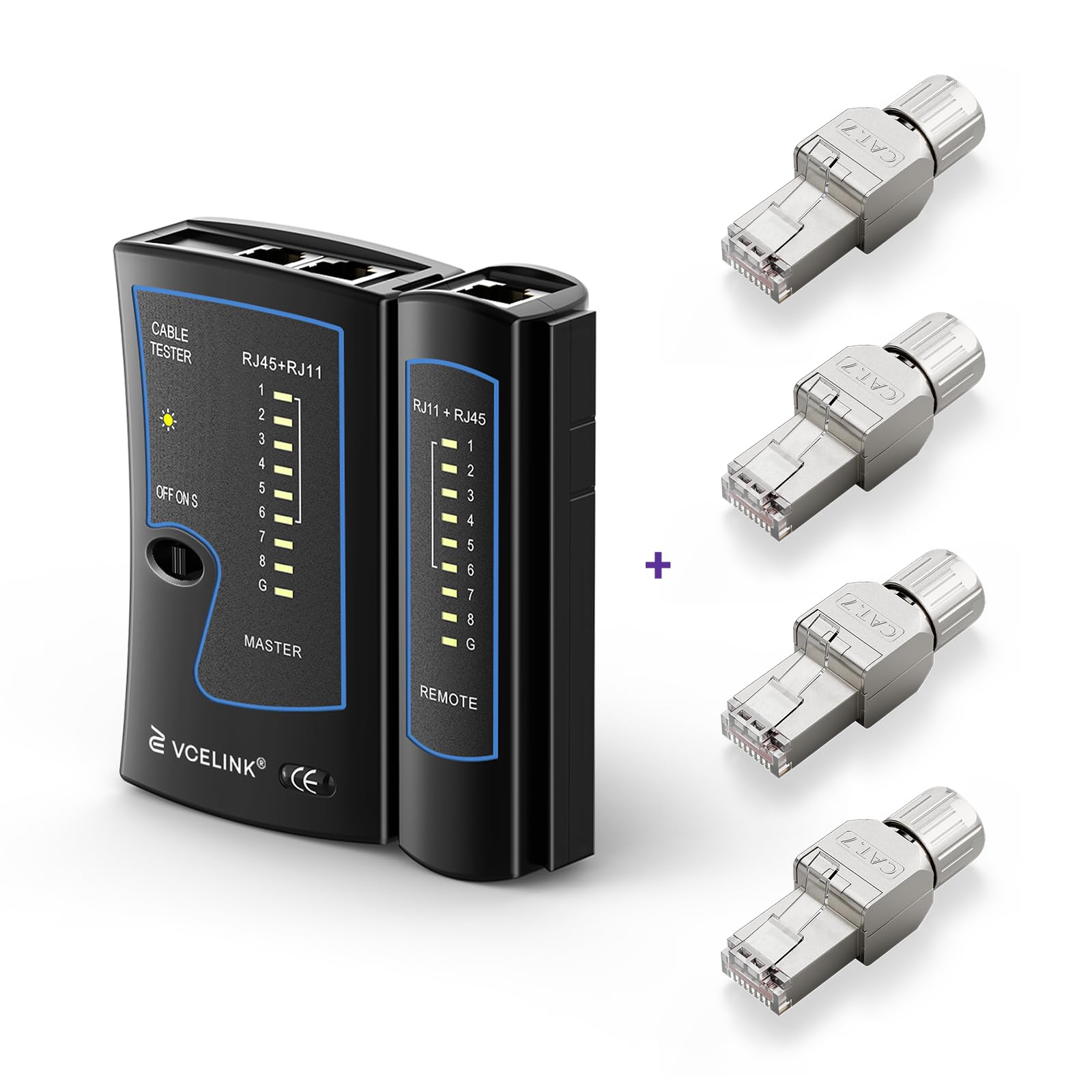 VCELINK Netzwerkstecker Cat7 werkzeuglos & Kabeltester, 10 Gbit/s 600 MHz RJ45 Stecker LSA-geschirmt & LAN Tester, PoE-fähig, für Verlegekabel CAT7/CAT6A, für Heim, Büro und Serverraum, 4 Stück