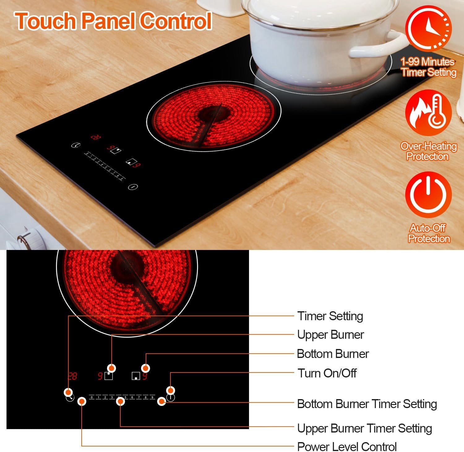 TeqHome 2 Burner Electric Cooktop, 1900W Plug in Radiant Electric Stove Top, 12" Built-in Ceramic Cooktop with Residual Heat Indicator, 9 Power Levels,Touch Control,Timer,Overheat Protection,110V-120V
