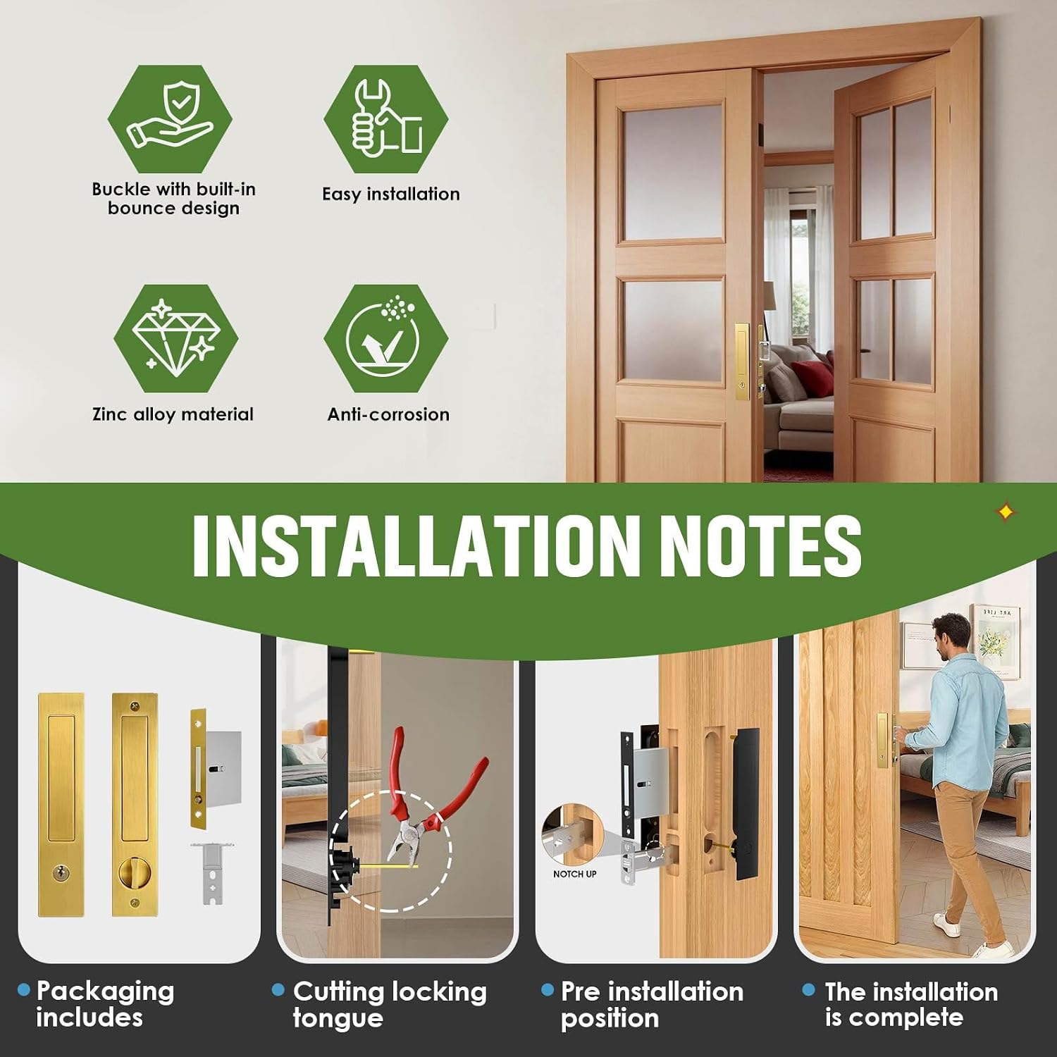 Pocket Door Lock,Pocket Door Hardware with Lock,Pop-Up Sliding Door Handle for Pocket,Bedroom,Bathroom Doors,to Doors 1 5/12" to 2 2/8" Thick (Gold-Key)